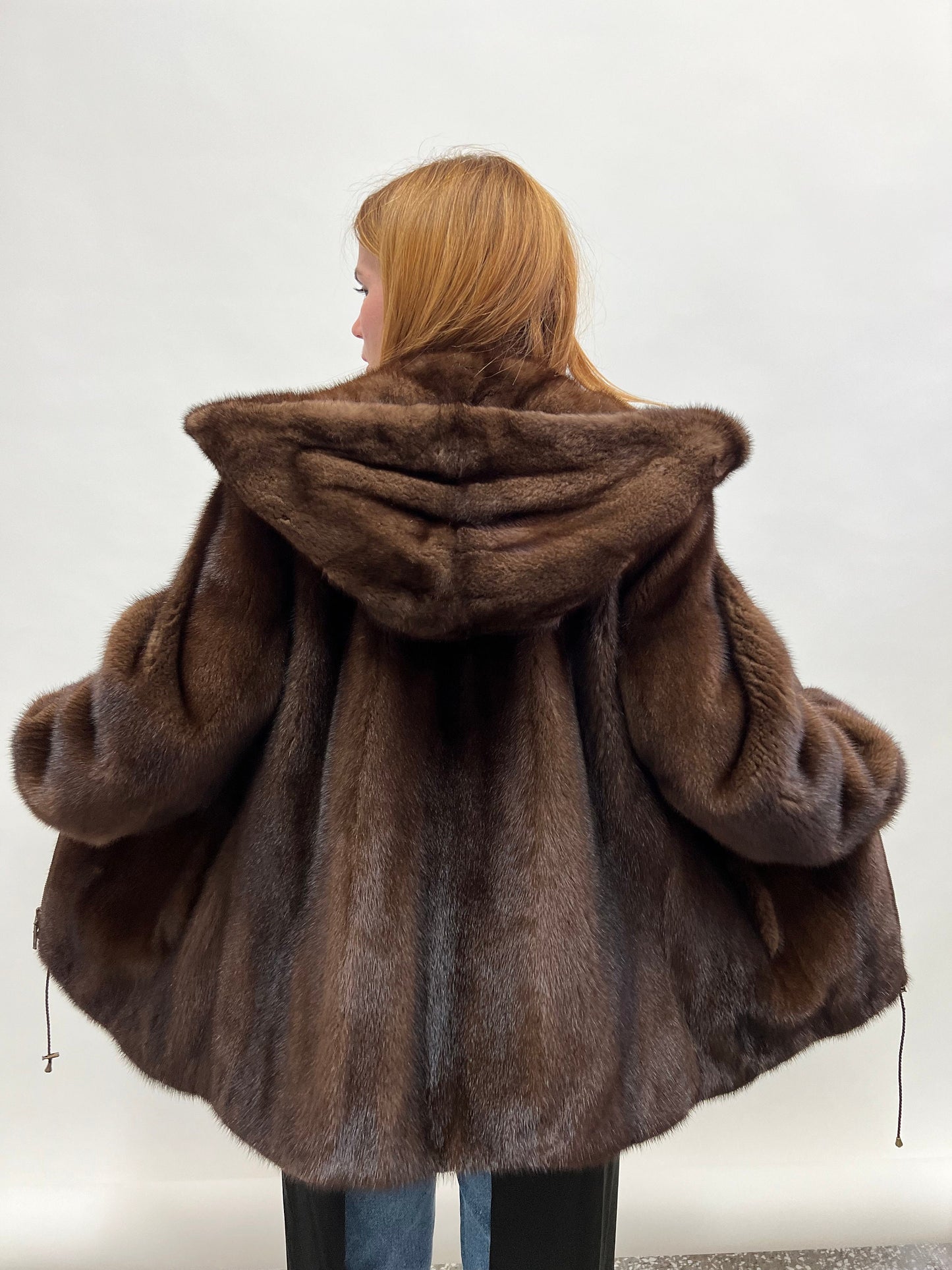 Brown Mink Hooded Jacket - Saga Furs - Zip Closure