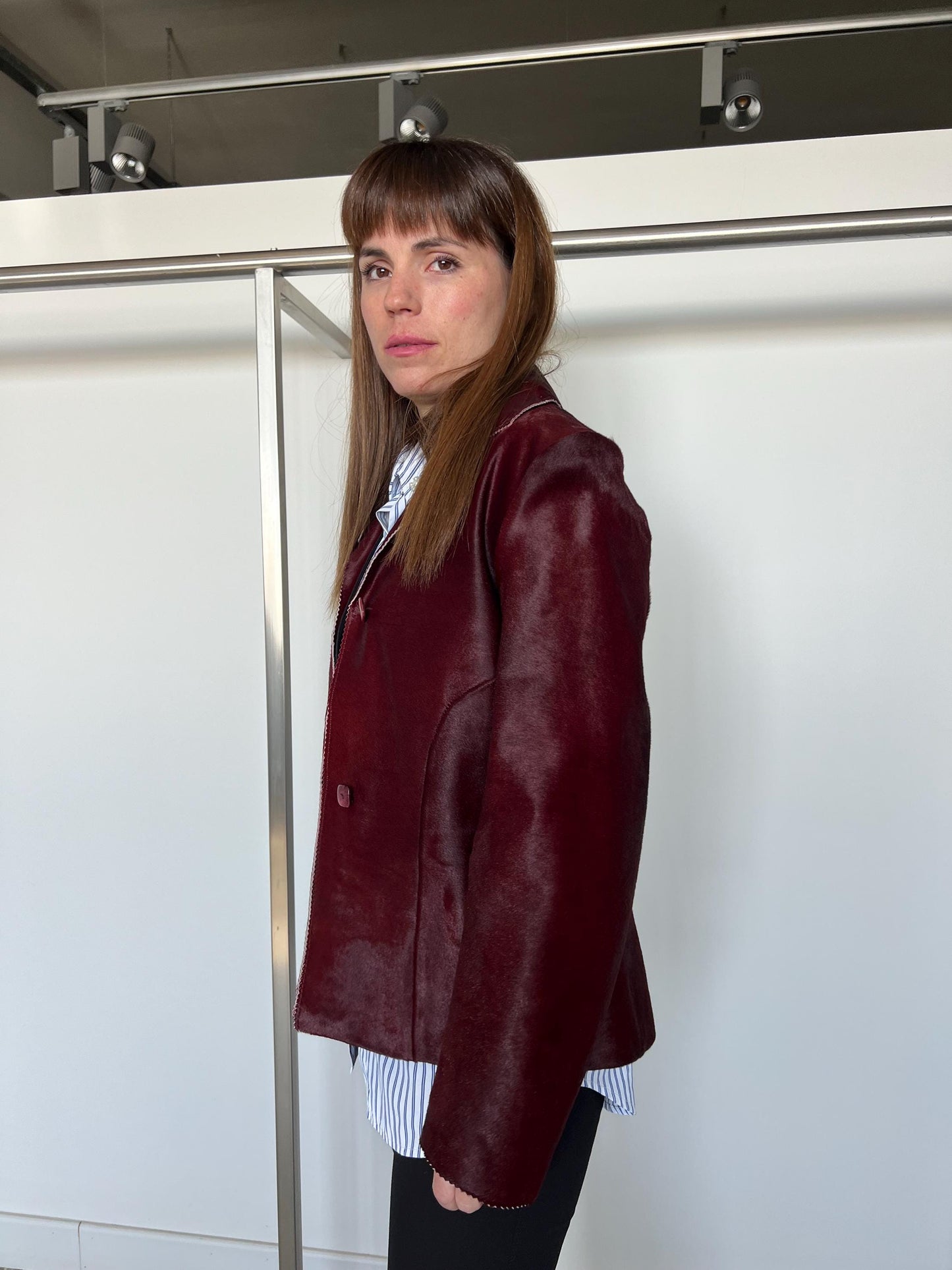Genuine Cherry Hair-On Leather Jacket: Lightweight Calf Cavallino Coat