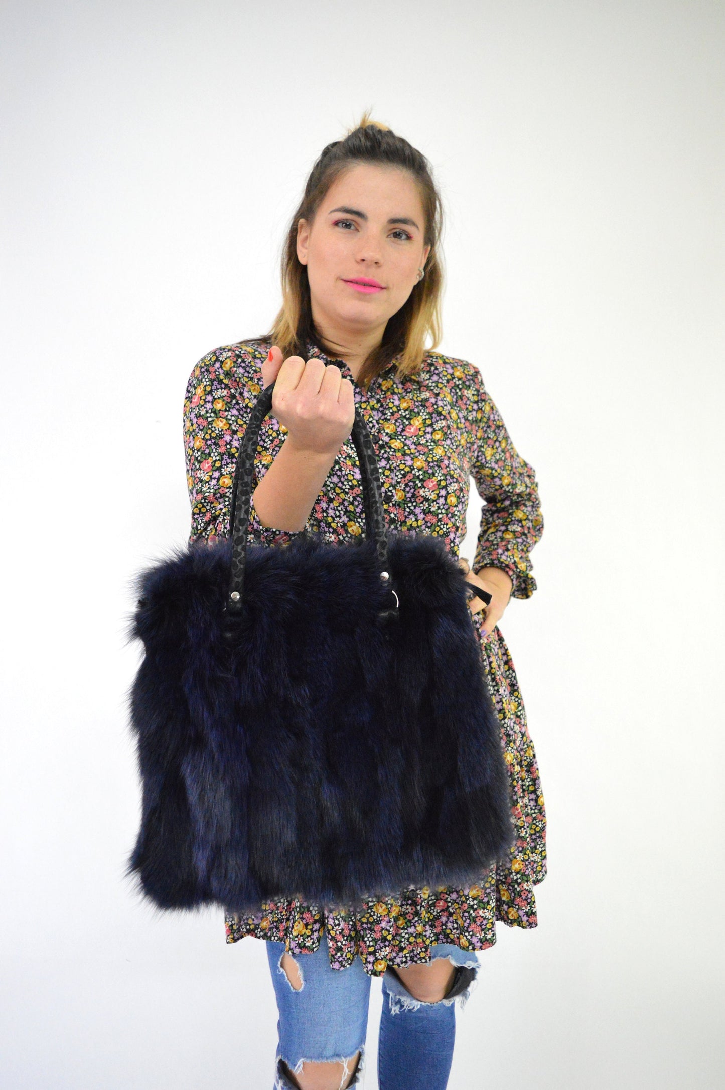 Navy Fox Fur Tote Bag: Handmade Leather Shoulder Bag