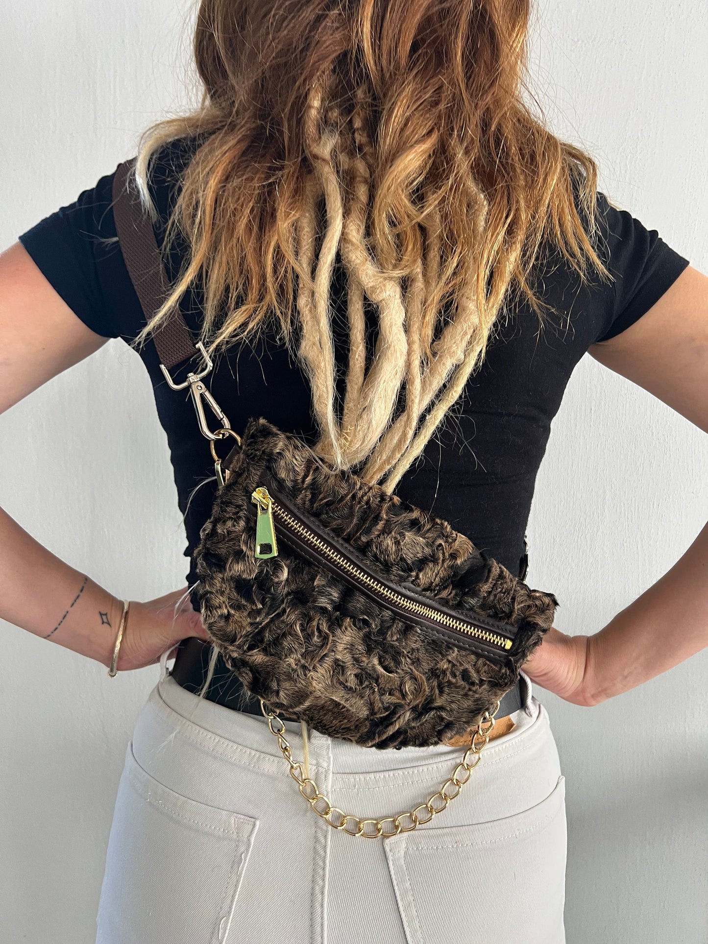 Real Mink Fur Bumbag: Brown Fanny Pack with Chain