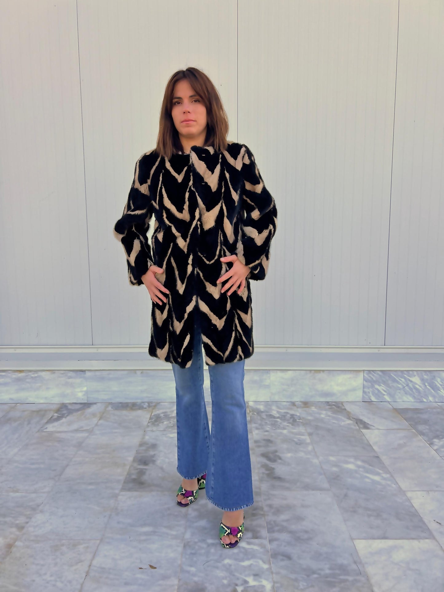 Intarsia Mink Fur Coat: Black and Beige Genuine Fur Jacket