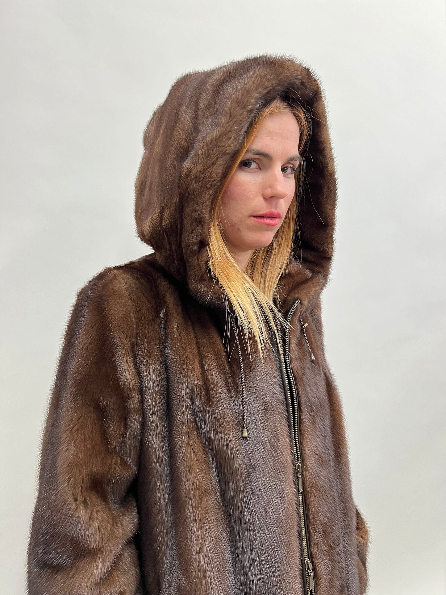 Brown Mink Hooded Jacket - Saga Furs - Zip Closure