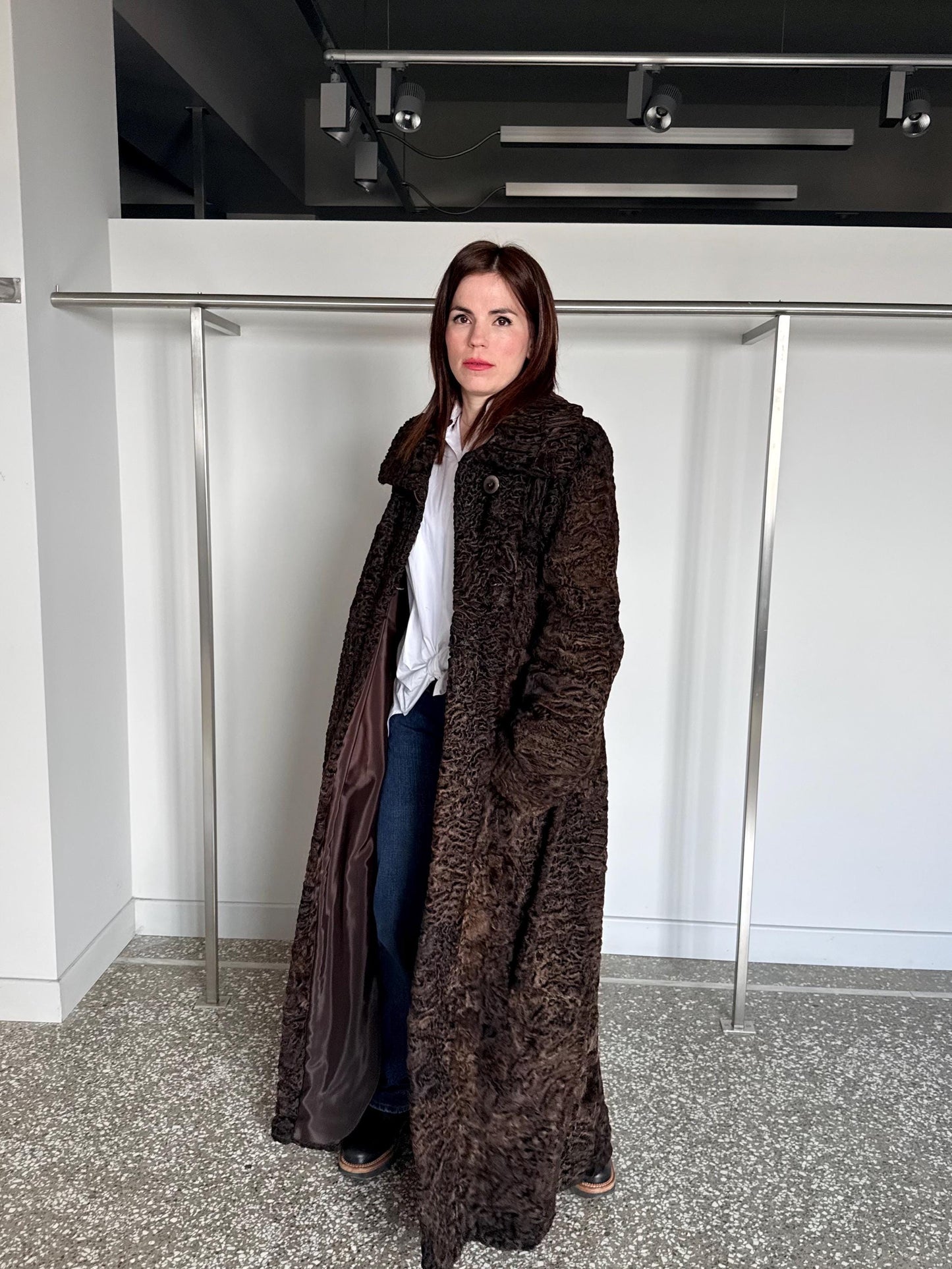 Handmade Brown Swakara Curly Fur Coat with Tie Belt – Extremely Warm Sheepskin Coat