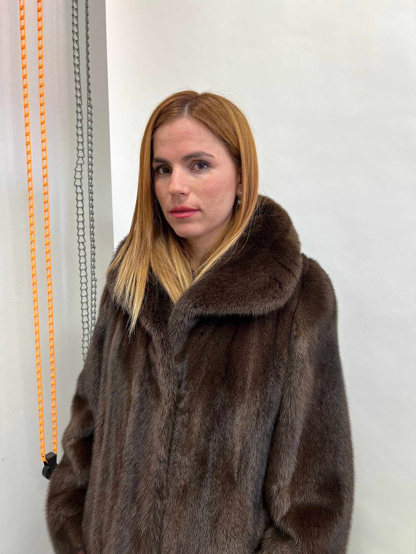 Handmade Brown Mink Fur Coat: Long Collared Stroller, Size Small