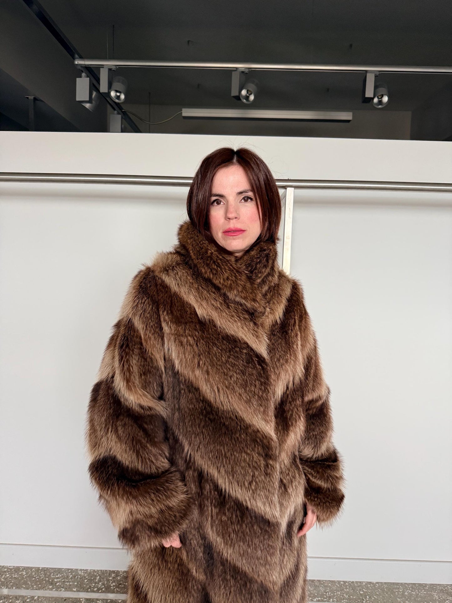 Real Raccoon Fur Coat: Choco Brown extremely warm diagonal fur stroller.