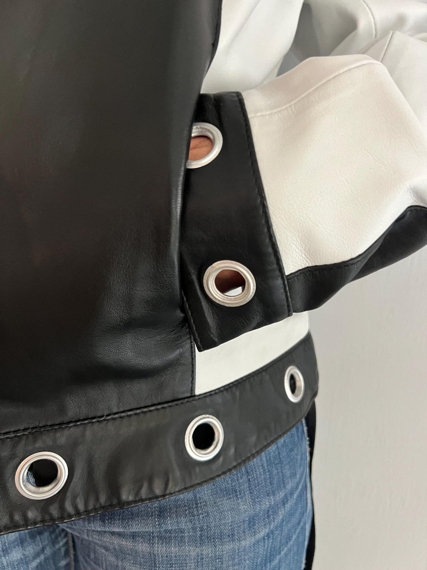 Handmade Black and White Lambskin Leather Jacket - Medium