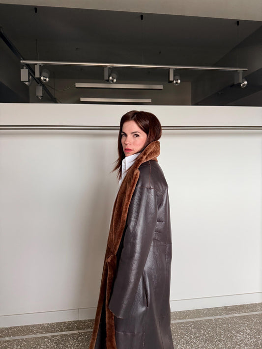 Reversible Merino Shearling Leather Coat: Bronze Sheepskin Stroller Tie Belt