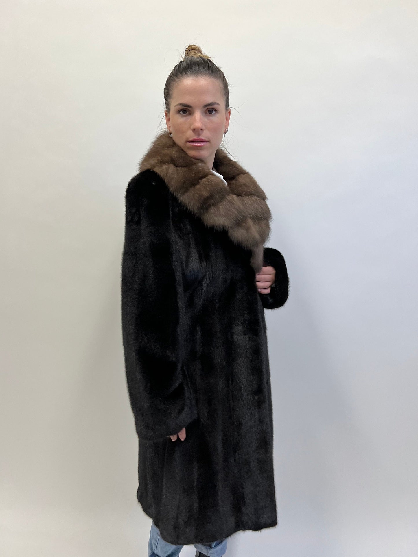 Handmade Black Mink Fur Long Coat with Sable Collar