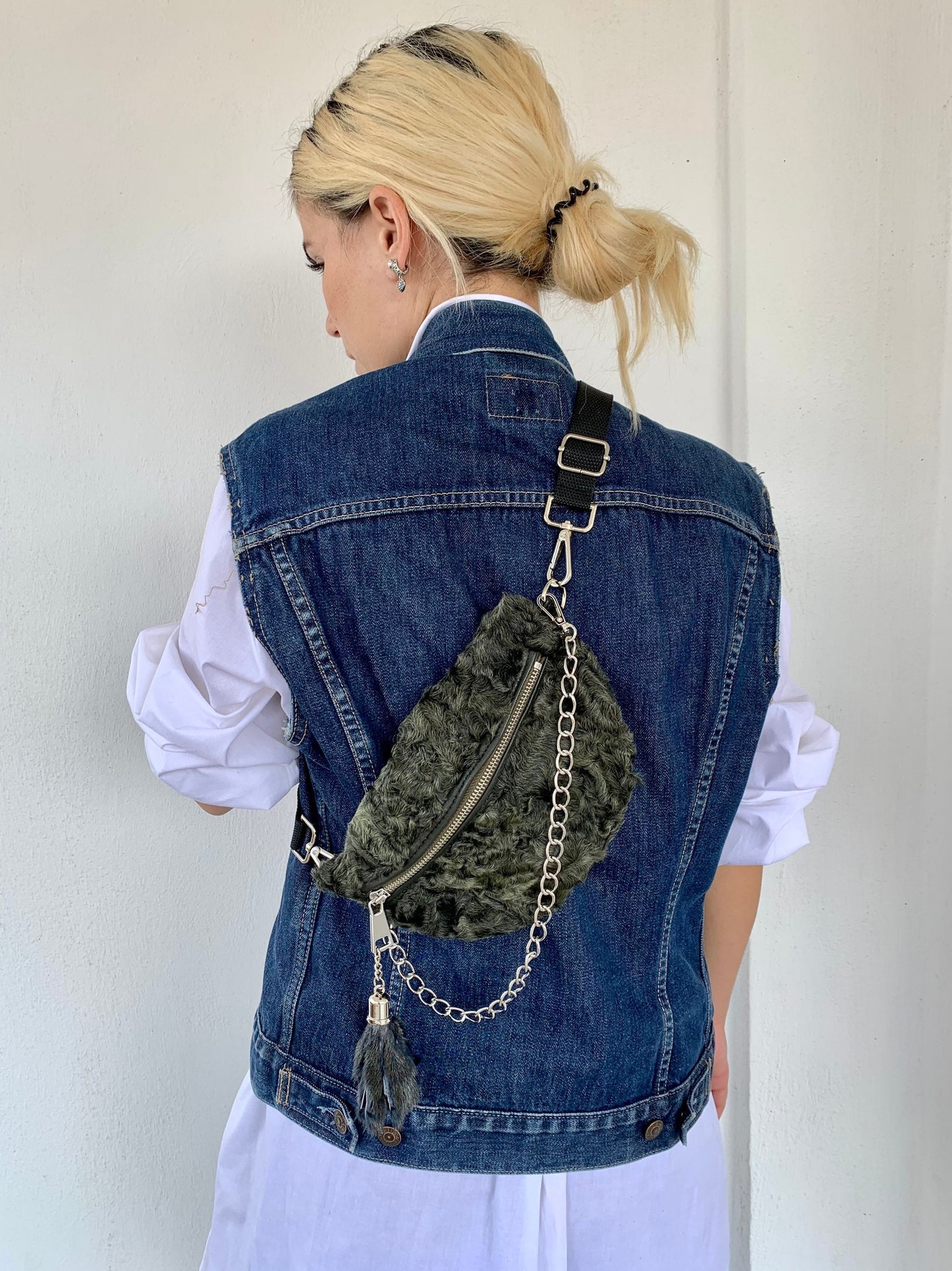 Olive Lamb Fur Bumbag with Chain Tassel: Luxury Fanny Pack