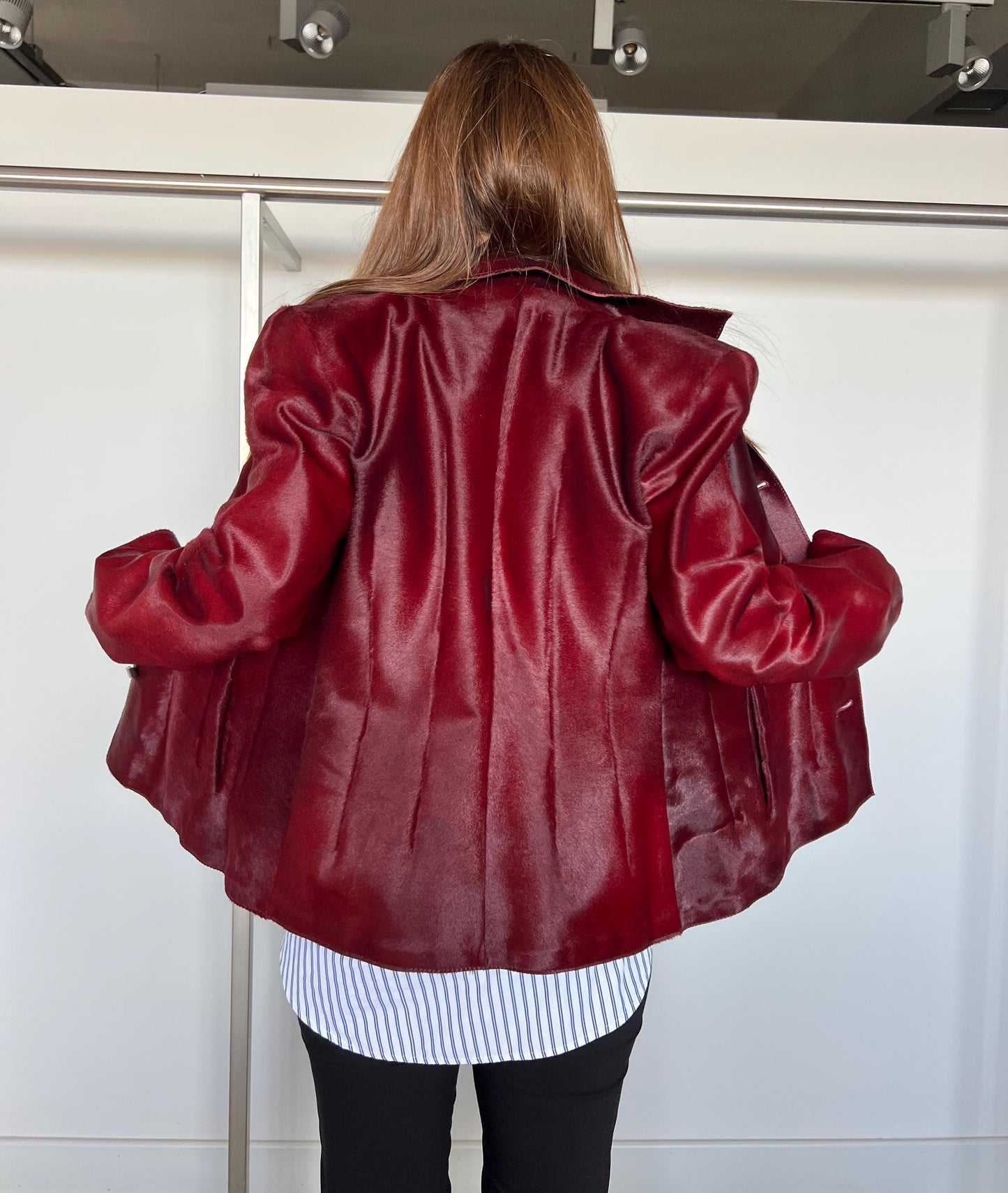 Genuine Cherry Leather Jacket: Hair-On Hide Calf Cavallino Coat