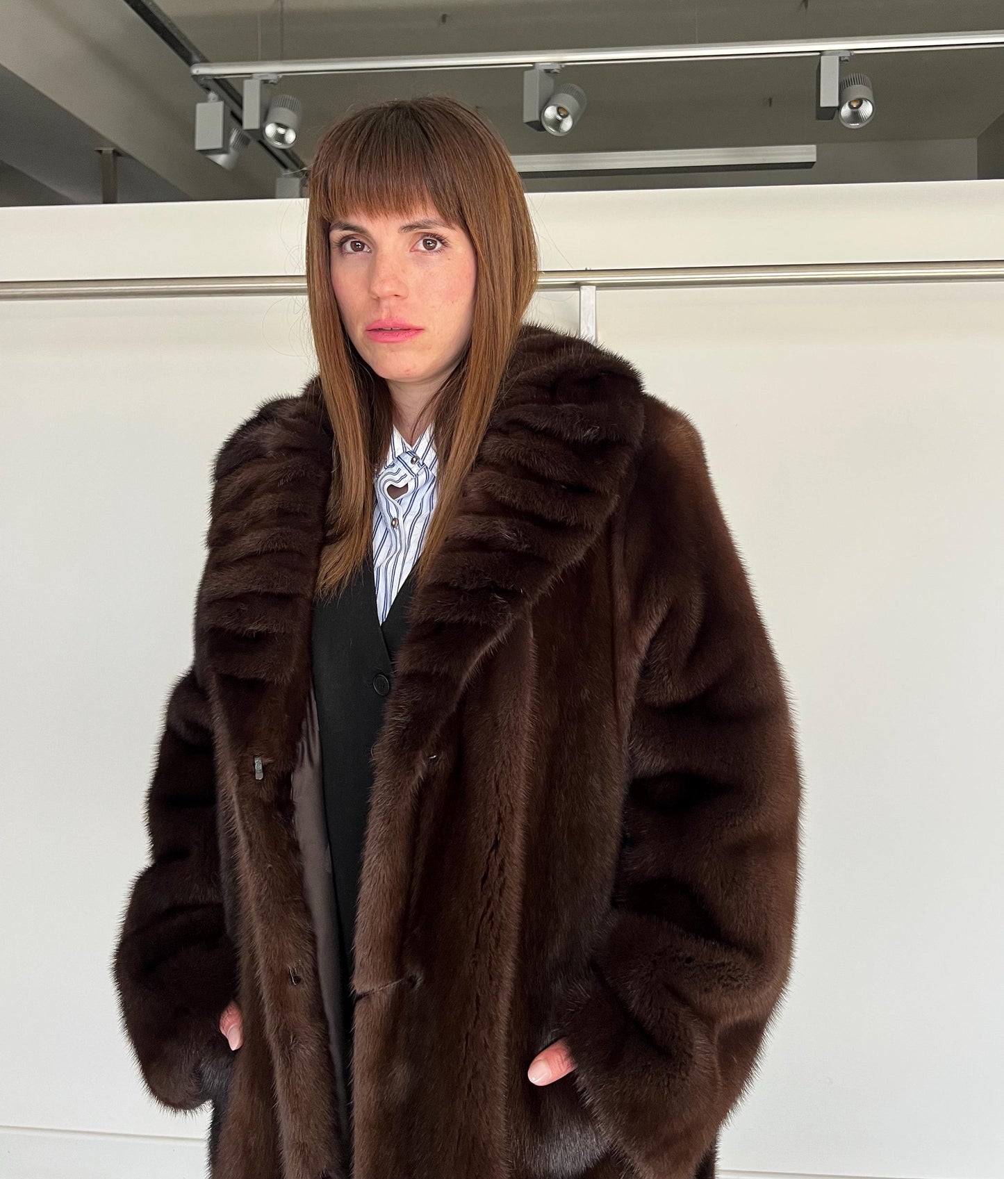 Choco Brown Mink Fur Coat: Big Collar Belted Stroller, Handmade in Greece