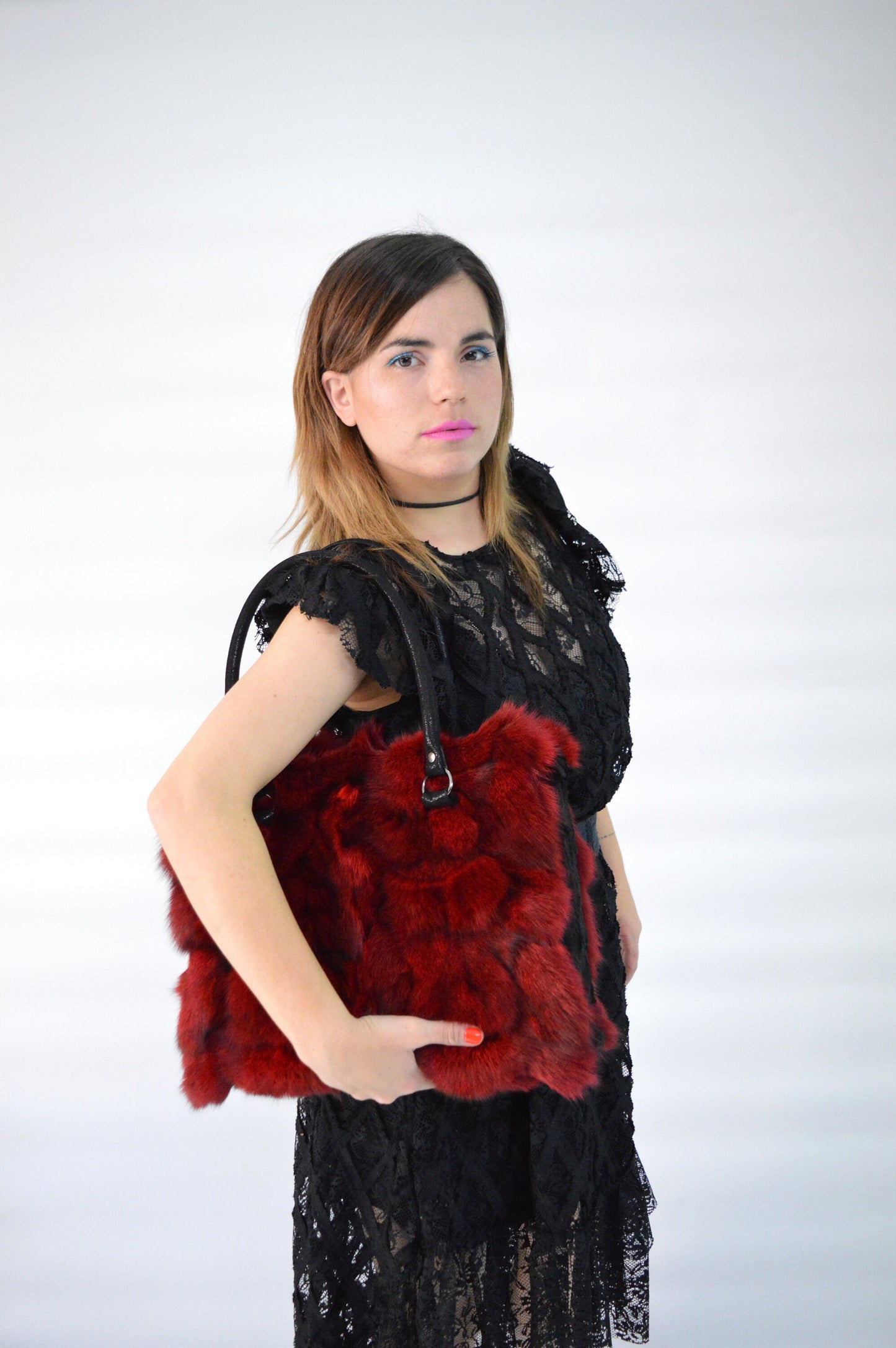 Red Fox Fur Handbag: Genuine Leather shoulder Bag in red.