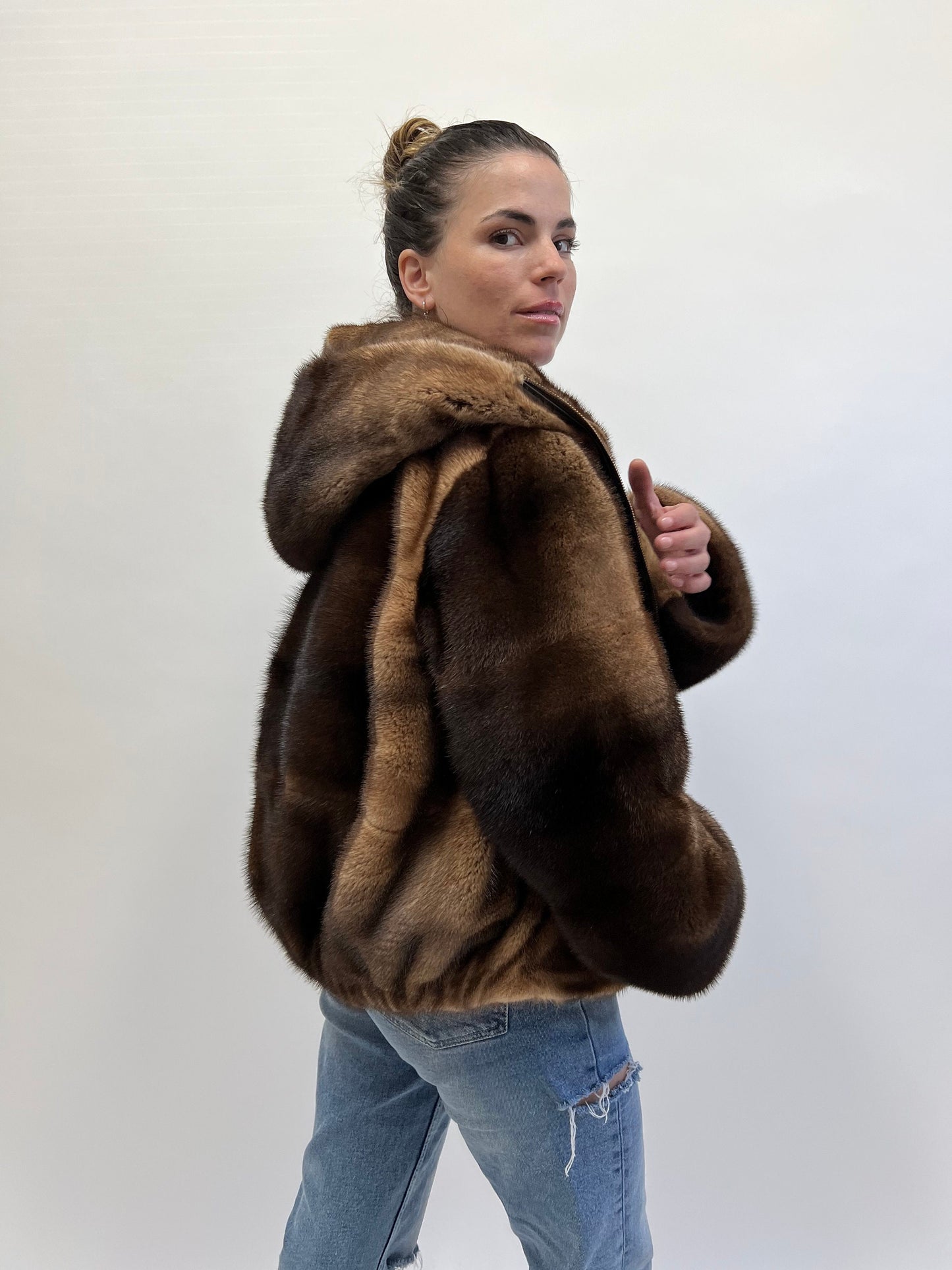 Saga Furs Mink Jacket: Tan Brown Degrade Fur, Hooded