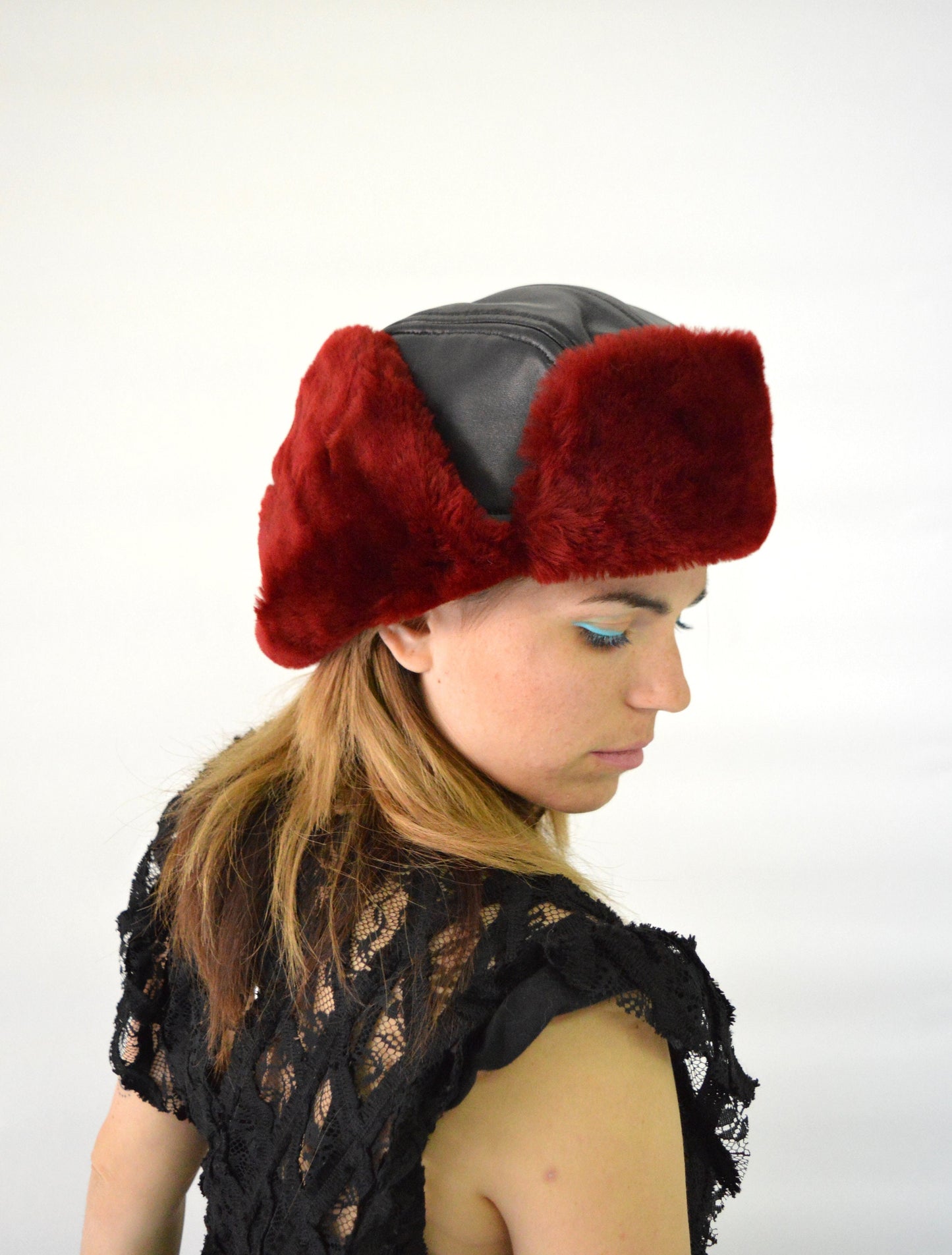 Shearling Fur Trapper Hat: Cream & Bordeaux Sheepskin Aviator Style
