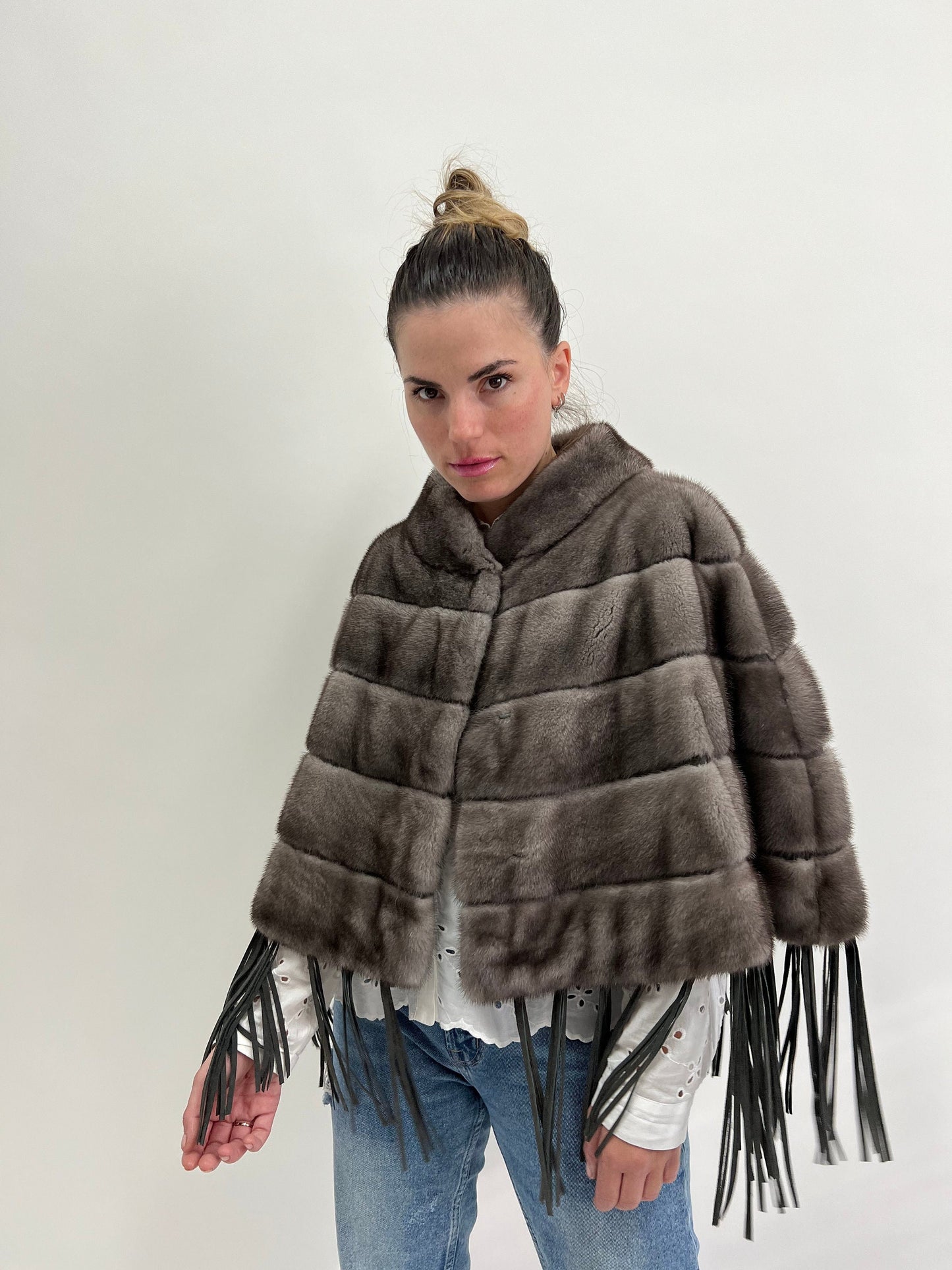 Grey Mink Fur Poncho: Leather Tassel Cape - Saga Blue Iris