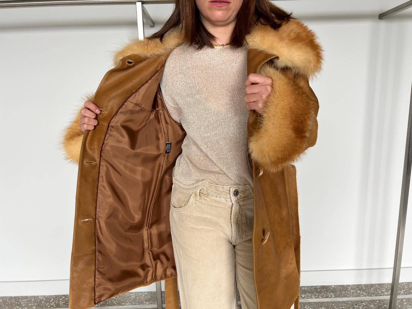 Handmade Gold Cavallino Leather Coat with Fox Fur Collar and Cuffs