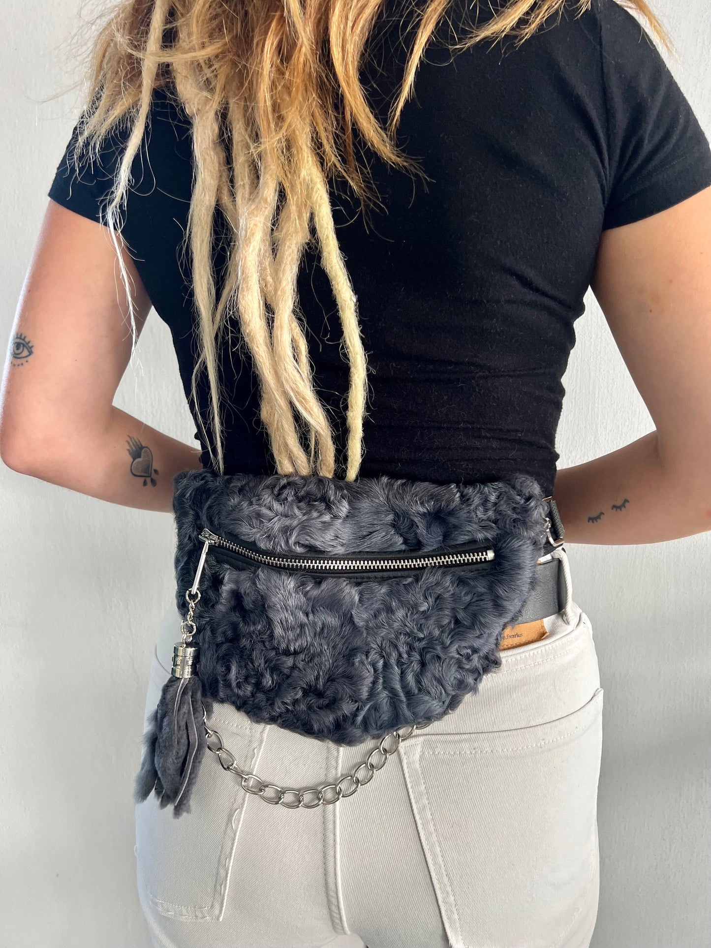 Graphite Lamb Fur Bumbag: Handmade Waist or Shoulder Bag