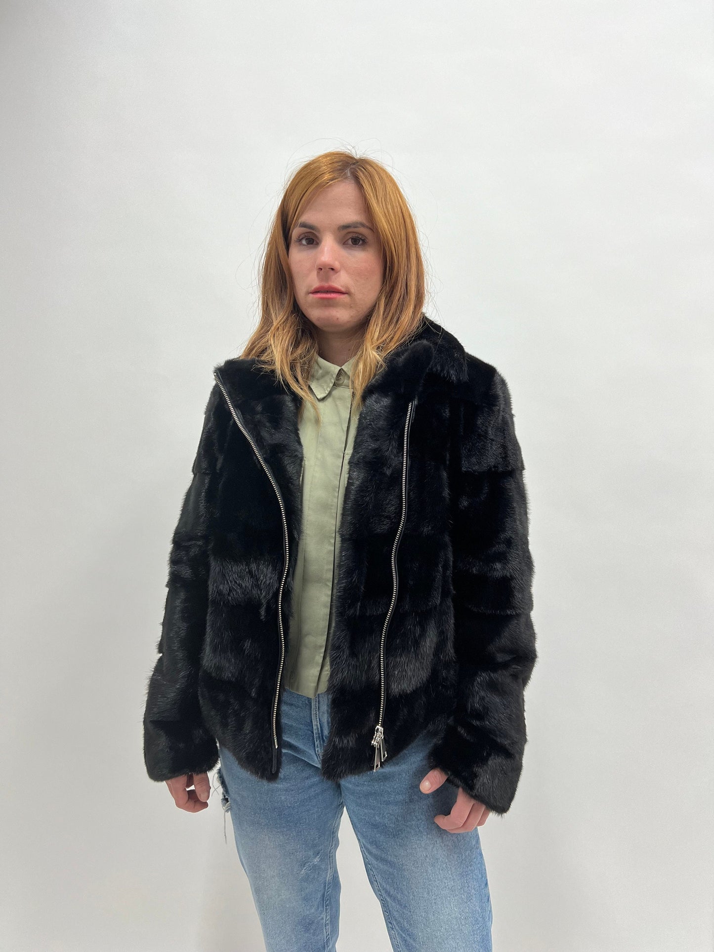 Black Mink Biker Jacket: Horizontal Fur, Silver Hardware