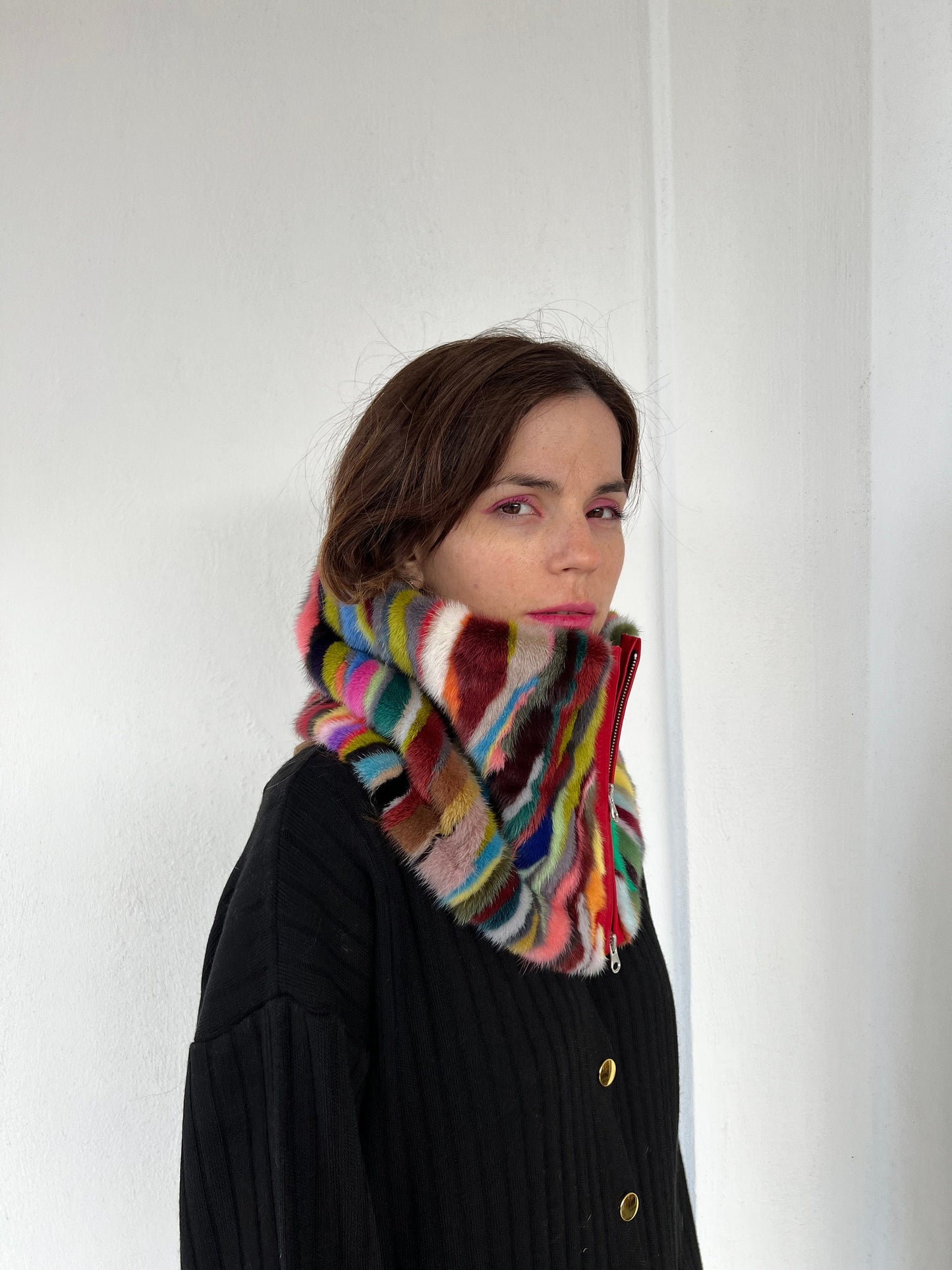 Multicolored Mink Fur Cowl: Zipped Leather Detail Infinity Scarf