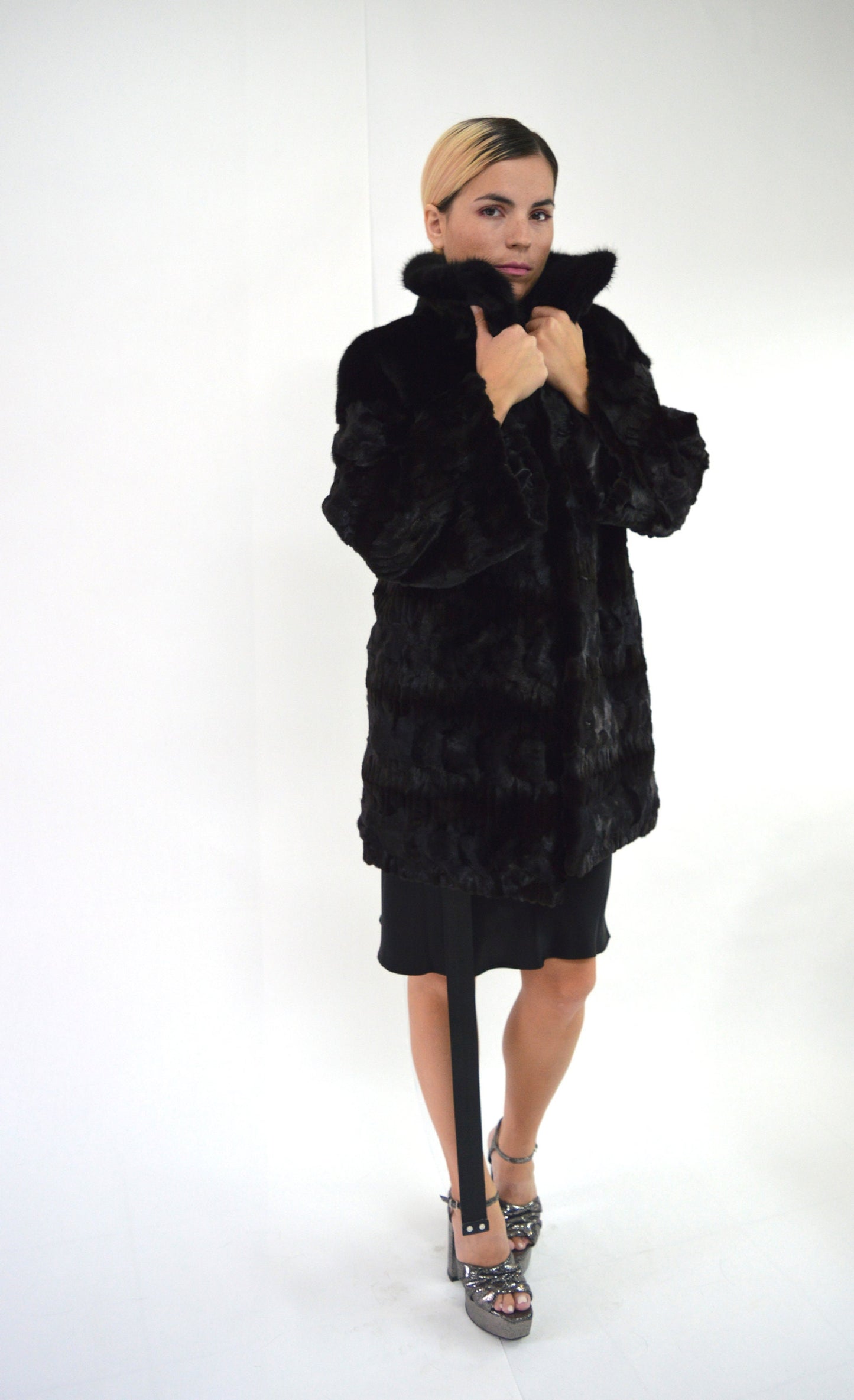 Black Mink Fur Jacket, Genuine Fur Pelt,with Collar