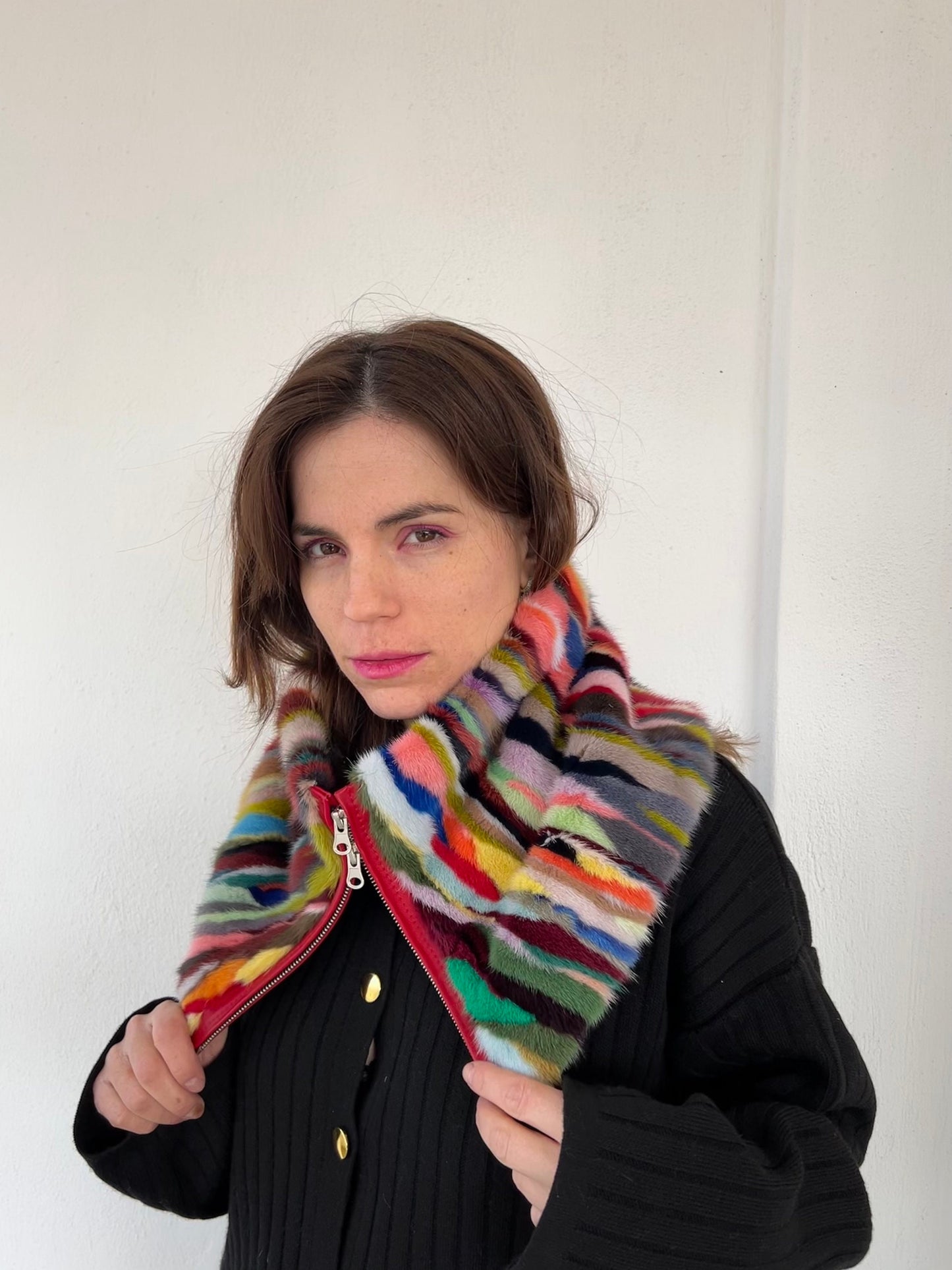 Multicolored Mink Fur Cowl: Zipped Leather Detail Infinity Scarf