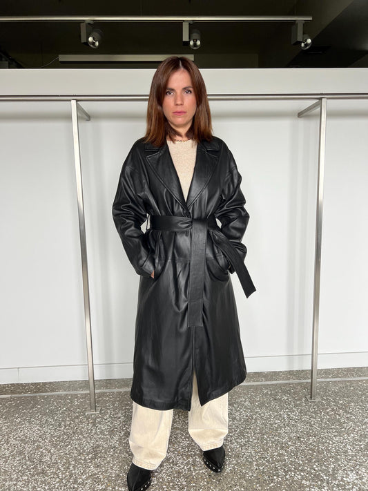 Handmade Black Nappa Leather Coat: Full Length Belted Jacket