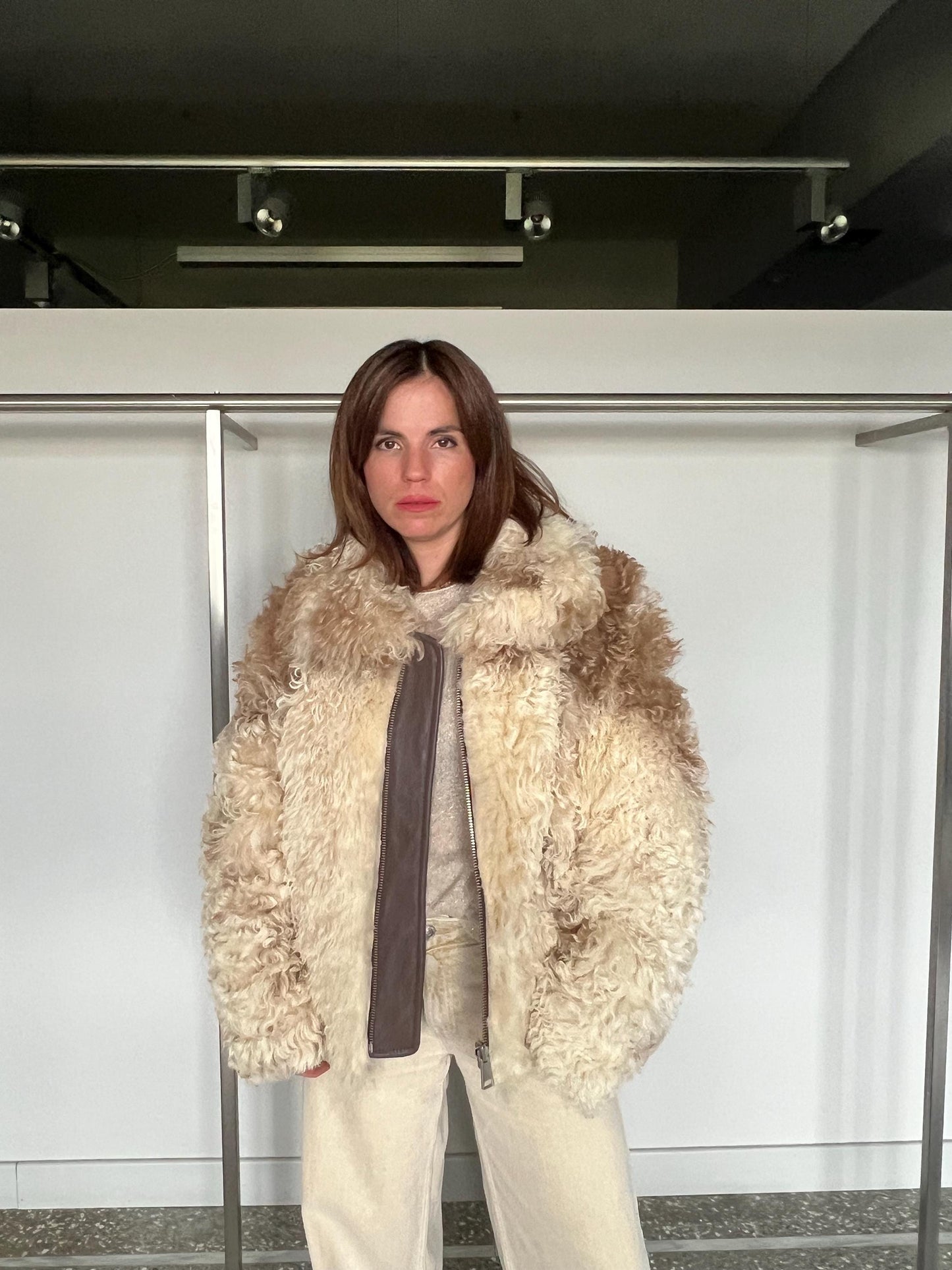 Handmade Shearling Fur Jacket: White & Beige, Taupe Leather, Zip Up