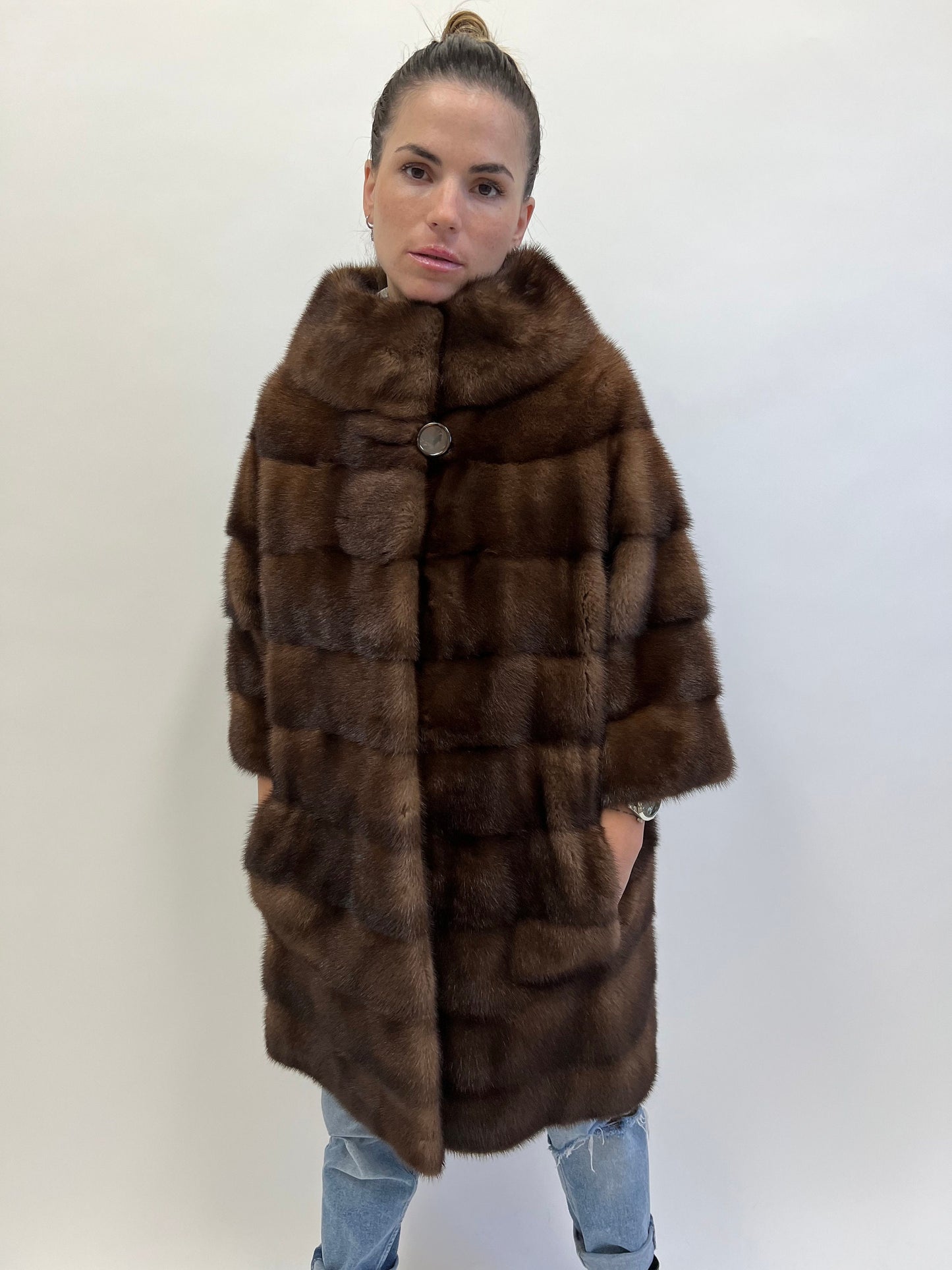 Brown Mink Fur Coat: Horizontal Design, Luxury Jacket