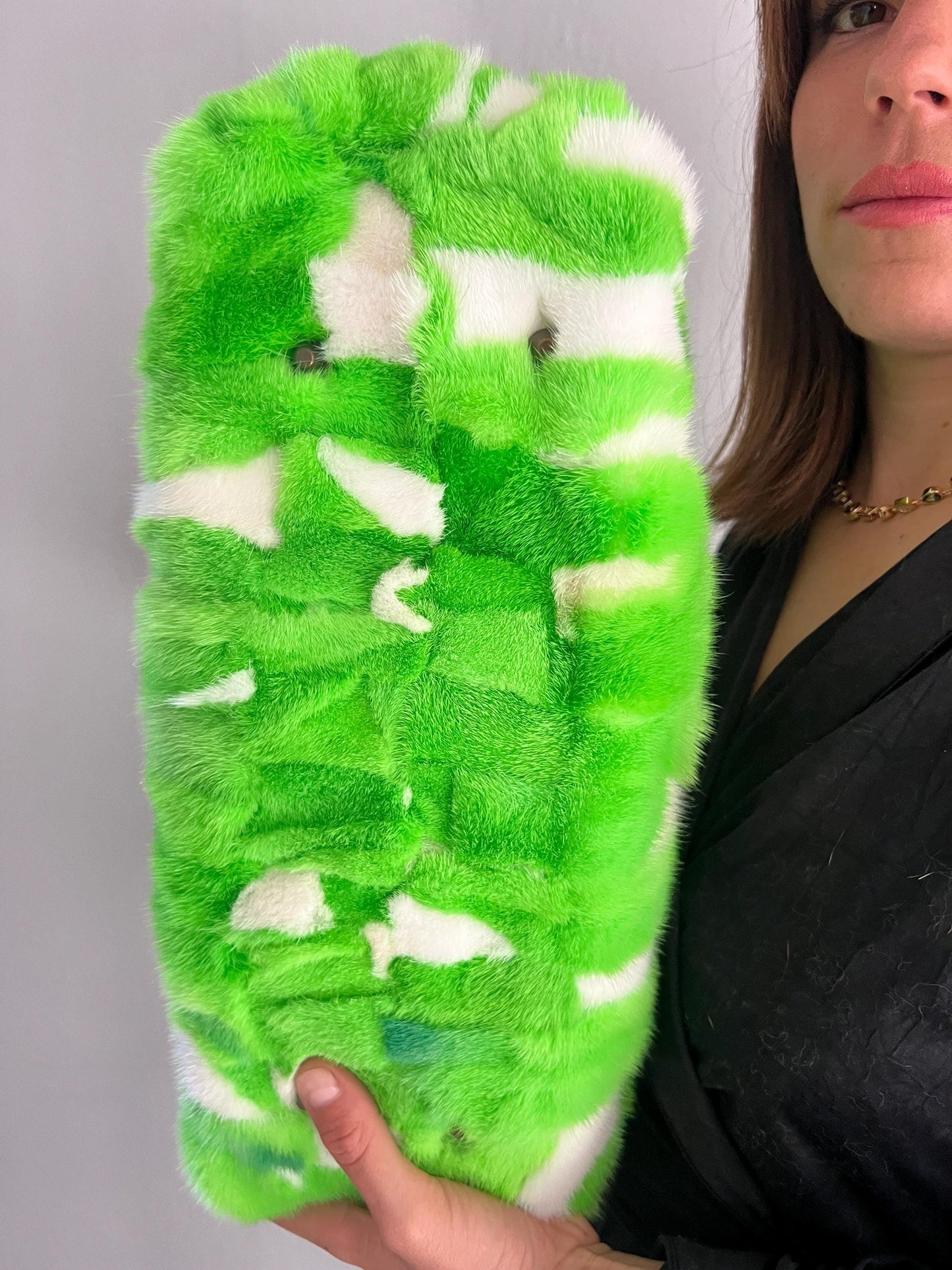Handmade Mink Fur Shoulder Bag: Green & White Slouchy Crossbody