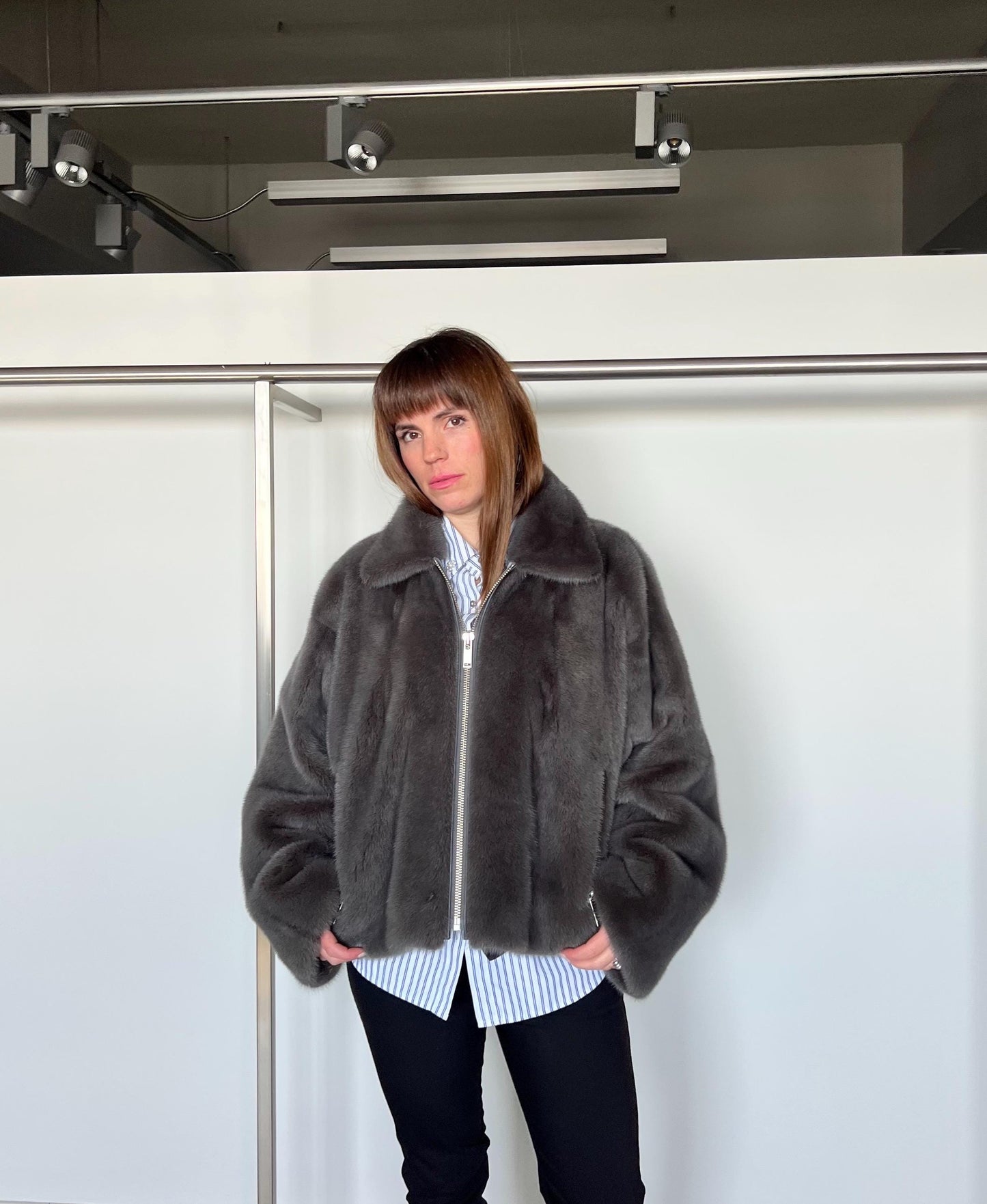 Grey Mink Fur Jacket: Copenhagen Pelts, Boxy Style, Size 2XL
