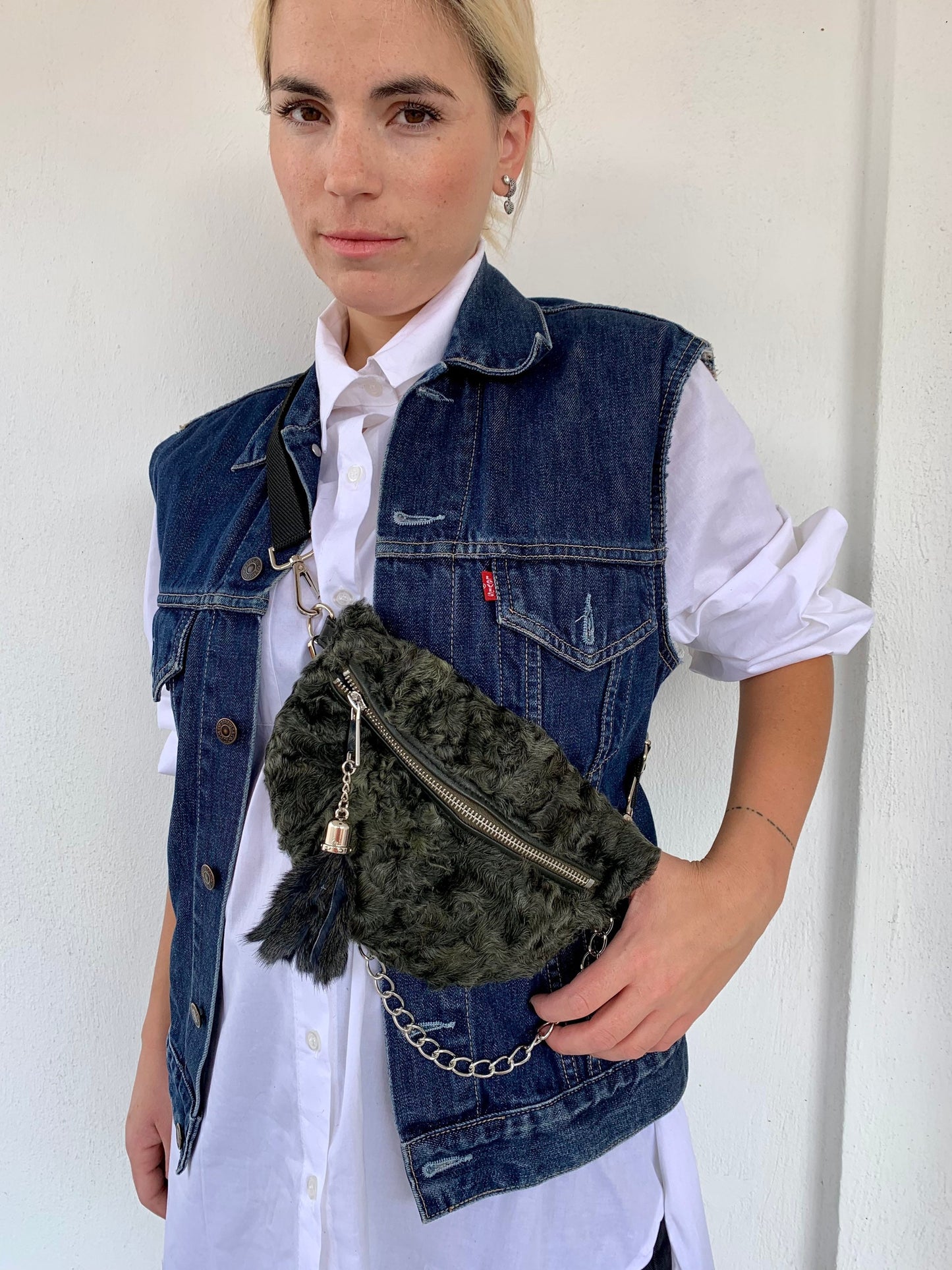 Olive Lamb Fur Bumbag with Chain Tassel: Luxury Fanny Pack