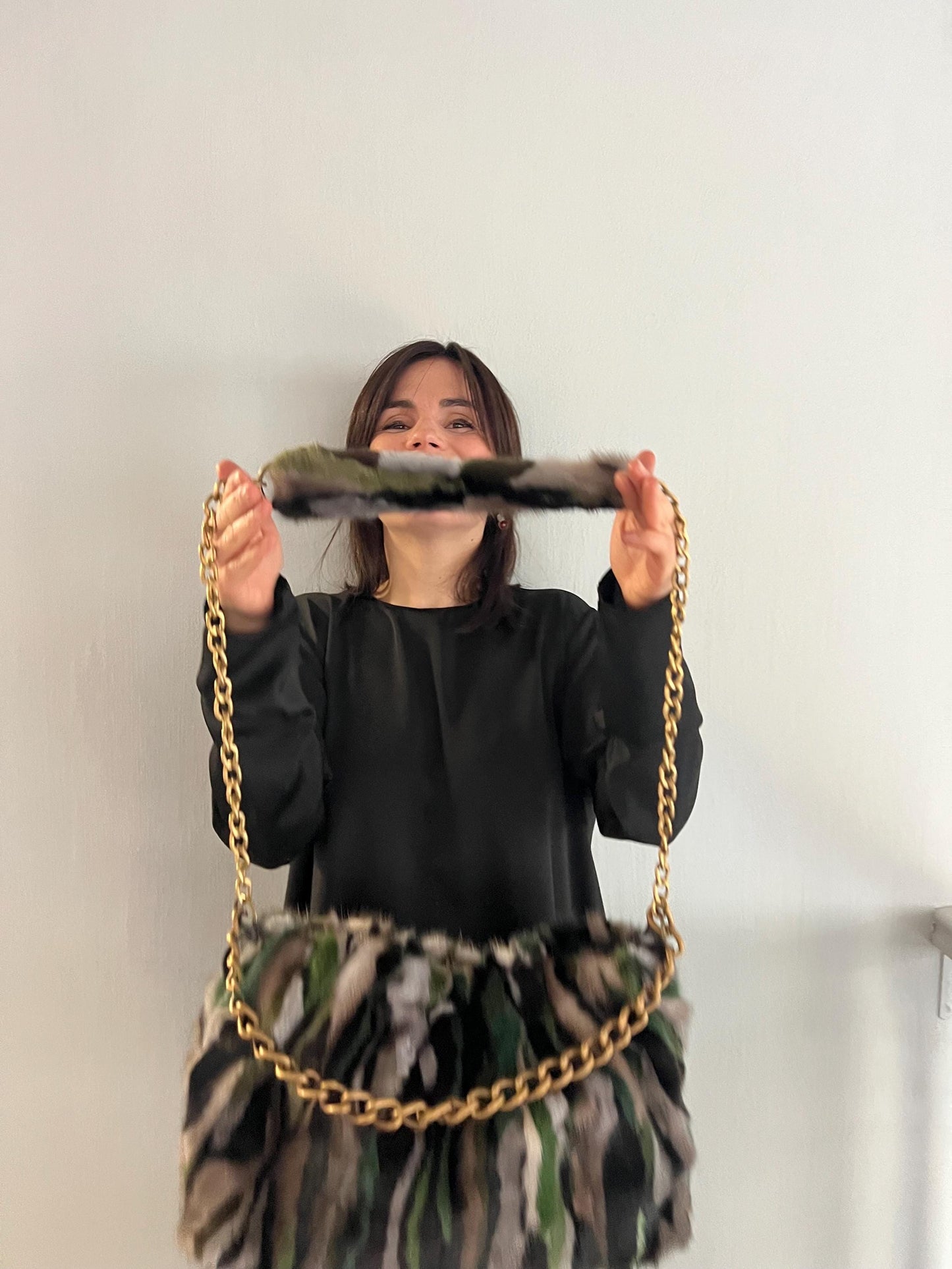 Handmade Mink Fur Slouchy Shoulder Bag: Luxury Cross-body Purse in army shades.