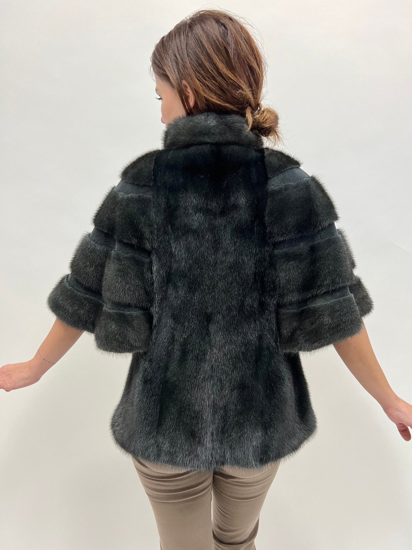 Midnight Blue Mink Fur Cape Jacket - Sheared Mink Details - Saga Furs