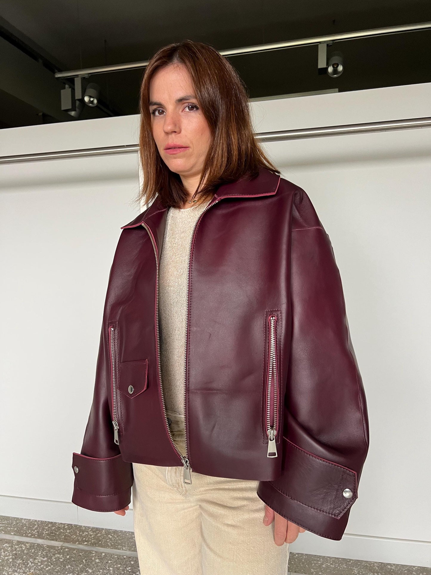 Handmade Burgundy Nappa boxy Leather Jacket: Oversized Zip-Up thick hide Coat