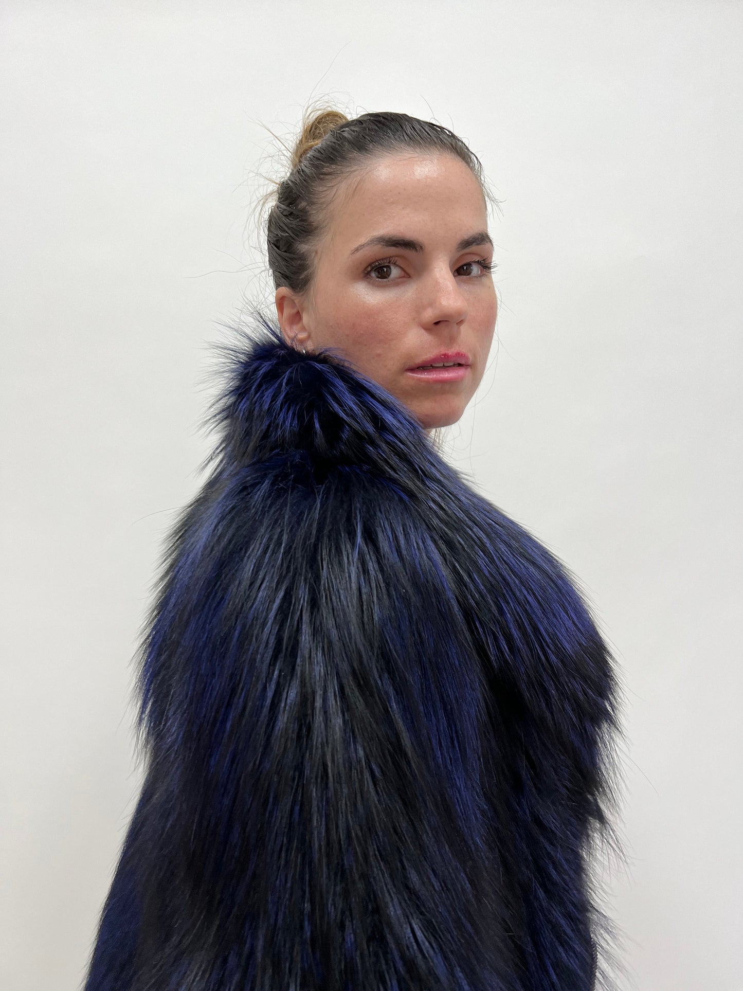 Real Navy Blue Fox Fur Coat: Luxury Women's Stroller, Size Large