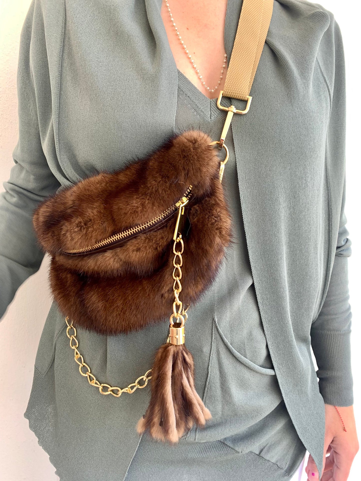 Real Mink Fur Bumbag: Tan Brown Fanny Pack with Chain