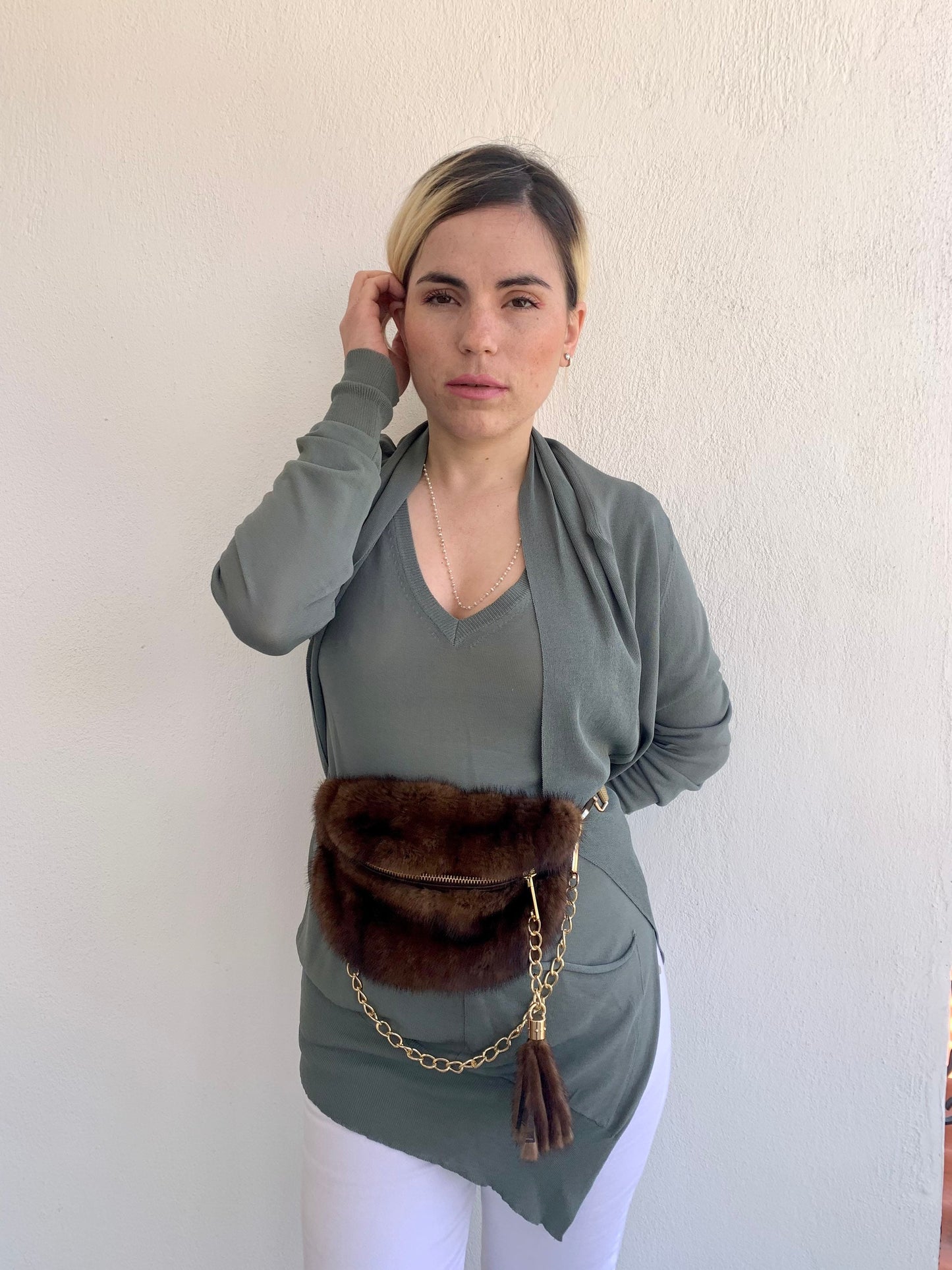 Real Mink Fur Bumbag: Tan Brown Fanny Pack with Chain