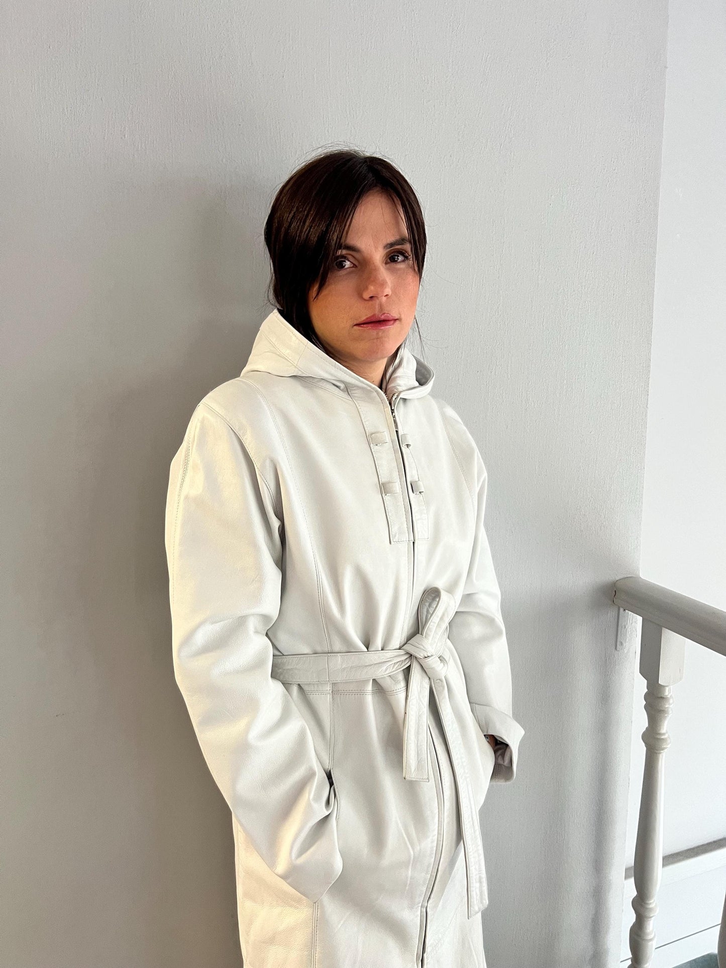 Handmade Nappa buttery Lambskin Leather Coat: Hooded Belted White Jacket