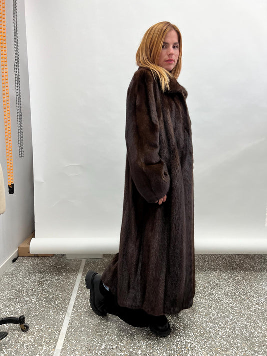 Brown Mink Fur Long Collared Coat - Saga Sustainable Fashion