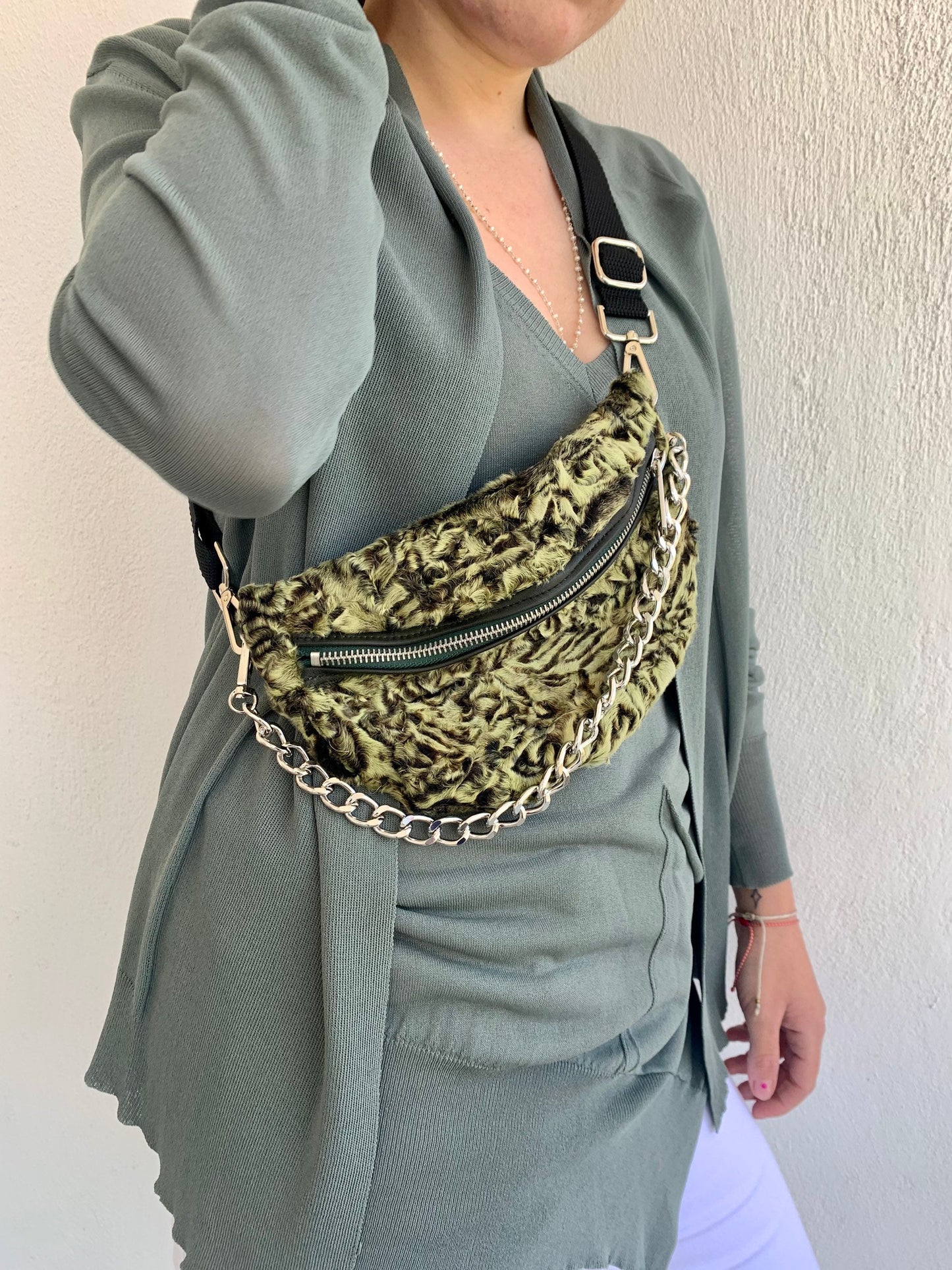Lime Lamb Fur Bumbag with Chain: Luxury Fanny Pack