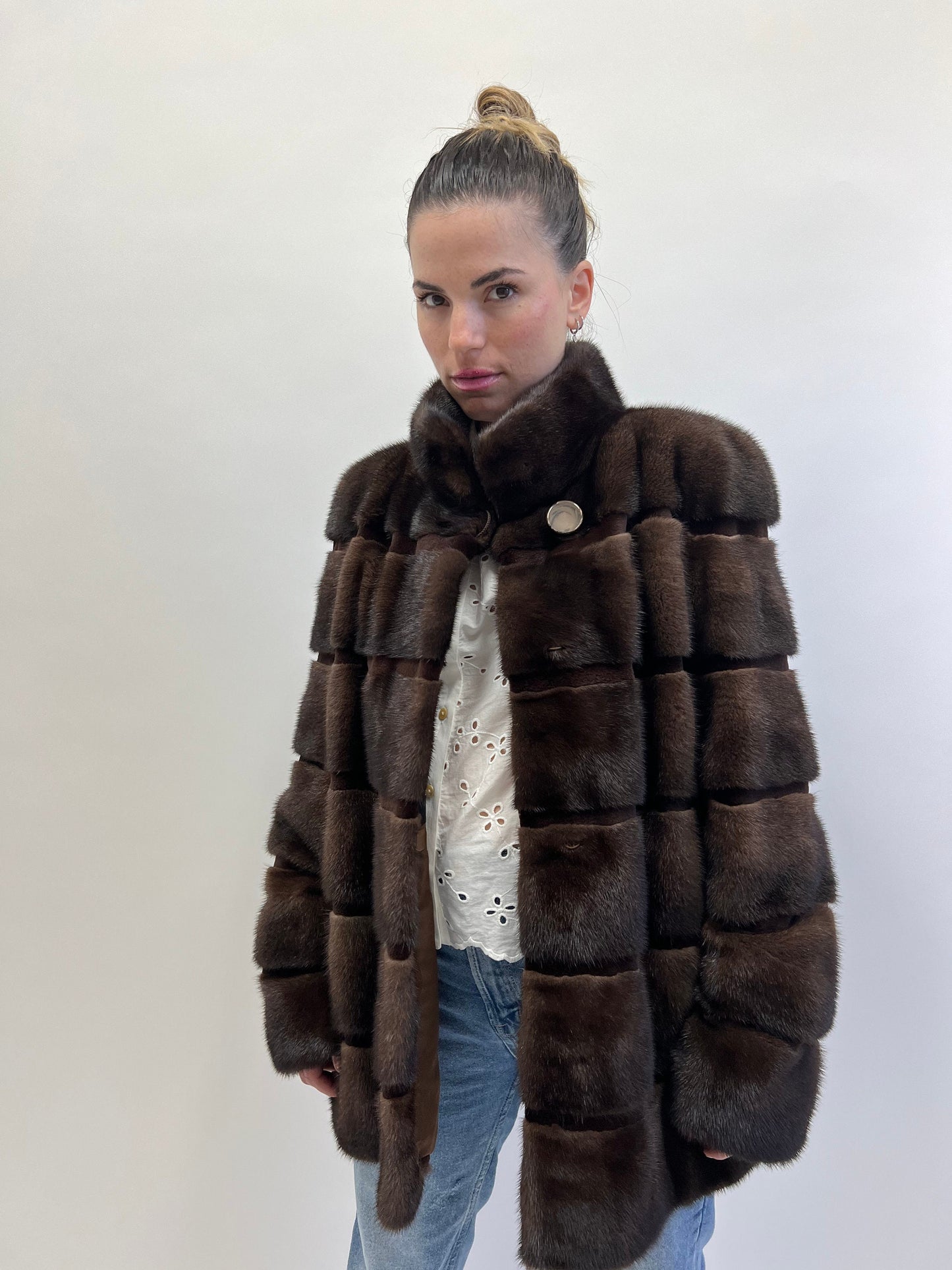 Dark Brown Mink Fur Coat: Horizontal Sheared Stripes, Size M/L