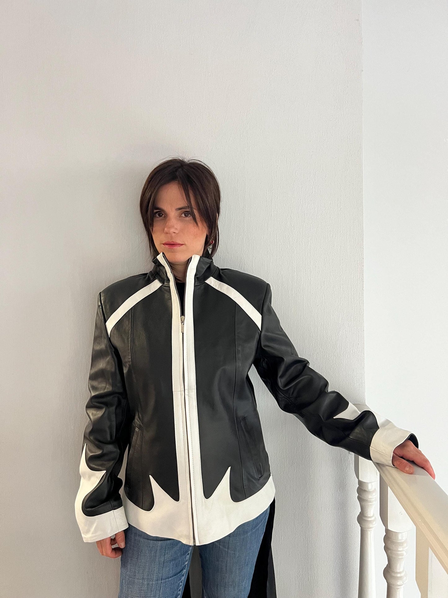 Handmade Black and White Lambskin buttery zipped up Leather Jacket - Medium
