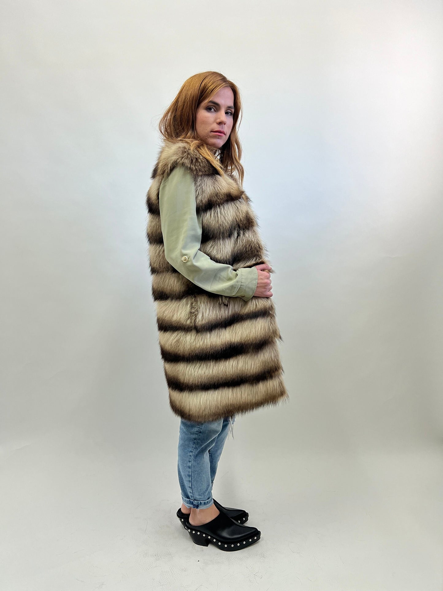 Real Raccoon Fur Vest: Beige Brown Leather Trim, Size XXSmall-XSmall