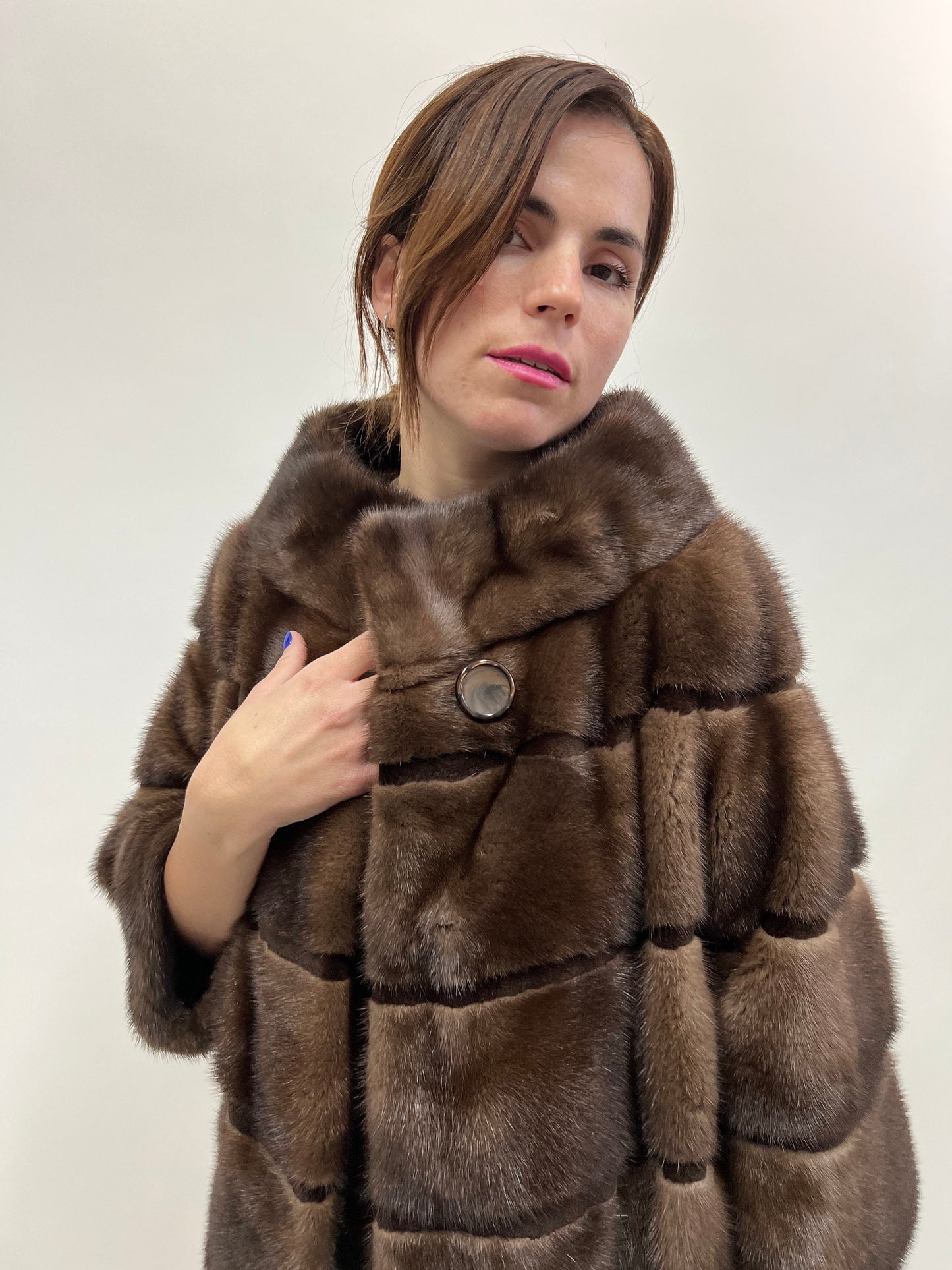 Saga Mink Fur Coat: Brown Sheared Trim, Handmade in Greece