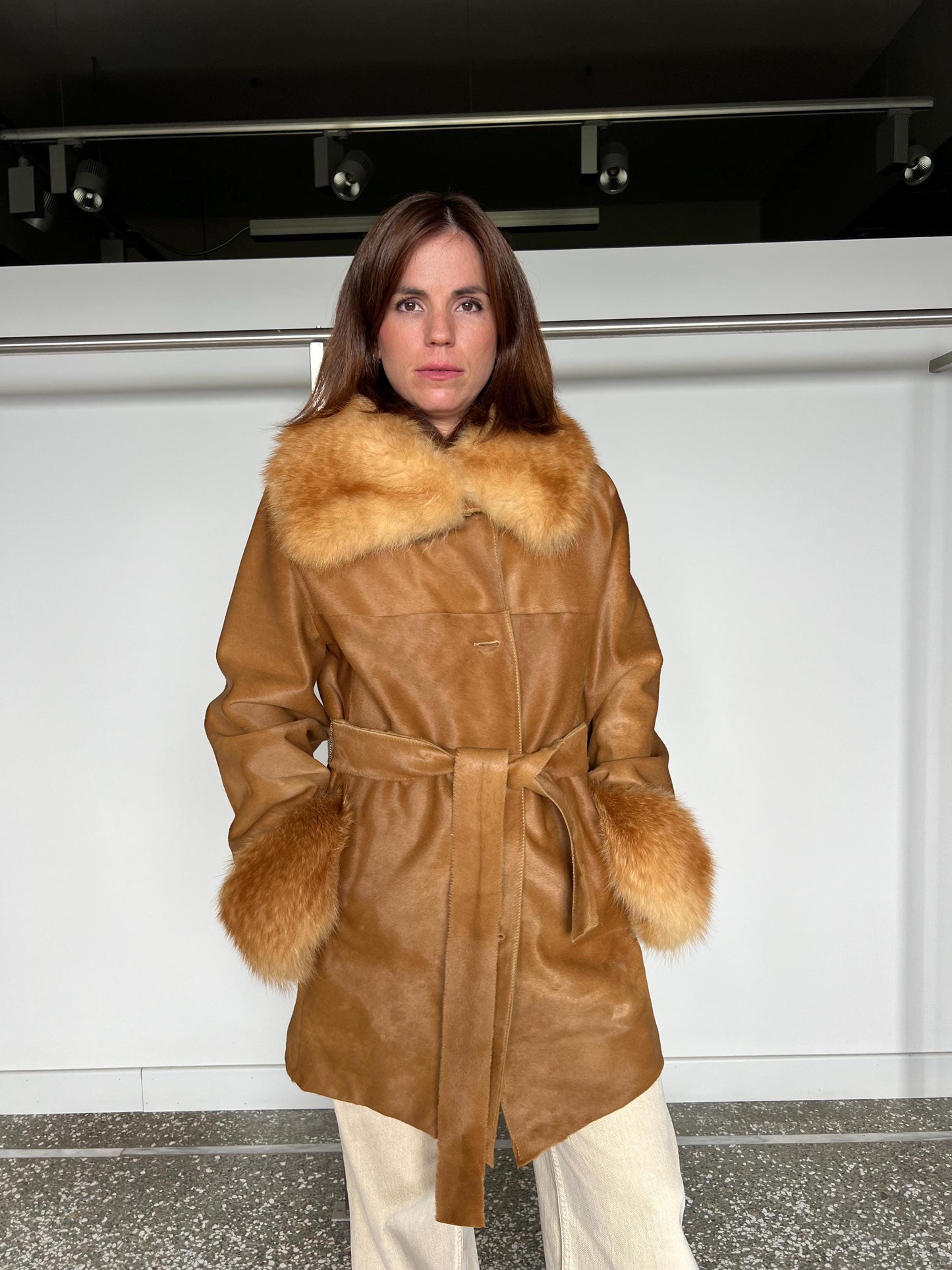 Handmade Gold Cavallino Leather Coat with Fox Fur Collar and Cuffs