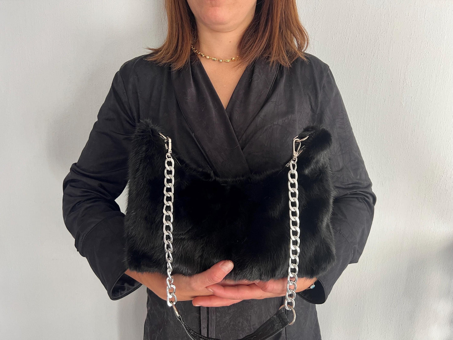 Black Mink Fur Tote Bag: Leather & Chain Detail, Handmade