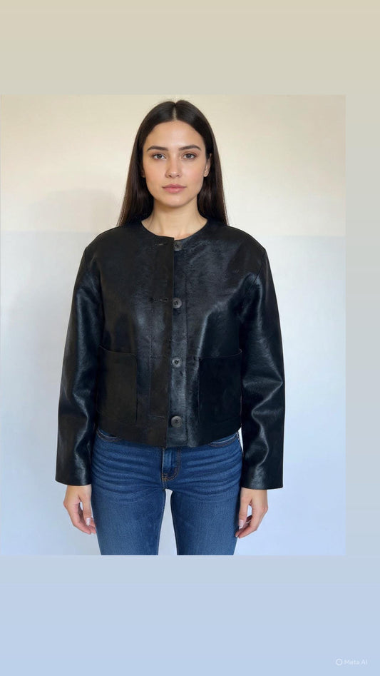 Genuine Hair-On Leather collarless Jacket: Black Calf Fur Coat, Handmade in Greece