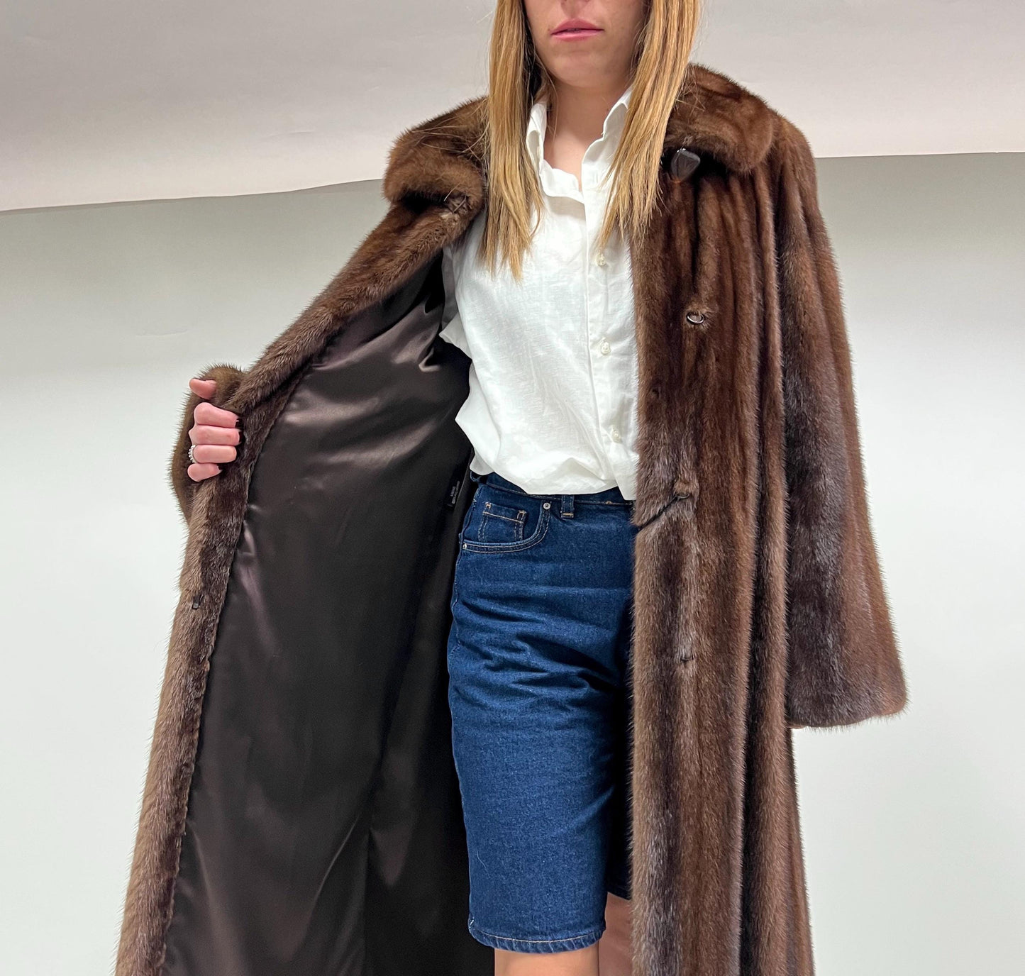 Demi Buff Mink Fur Coat: Long Collared Stroller, Handmade in Greece