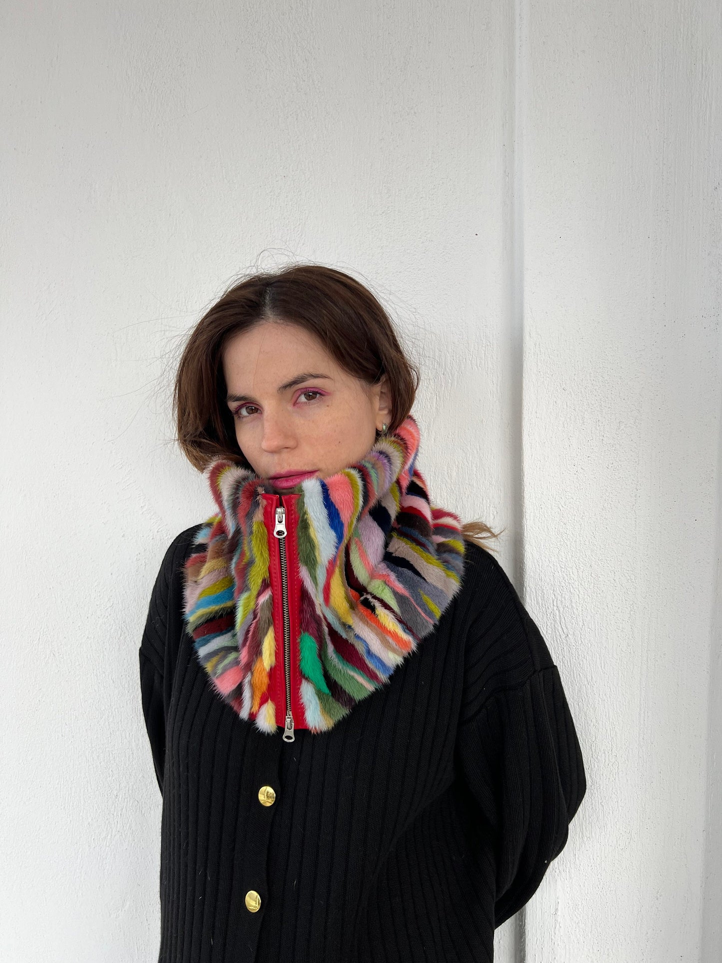 Multicolored Mink Fur Cowl: Zipped Leather Detail Infinity Scarf