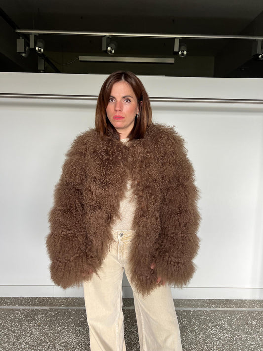 Handmade Chocolate Mongolian Lamb Fur Jacket: Soft Fluffy Brown